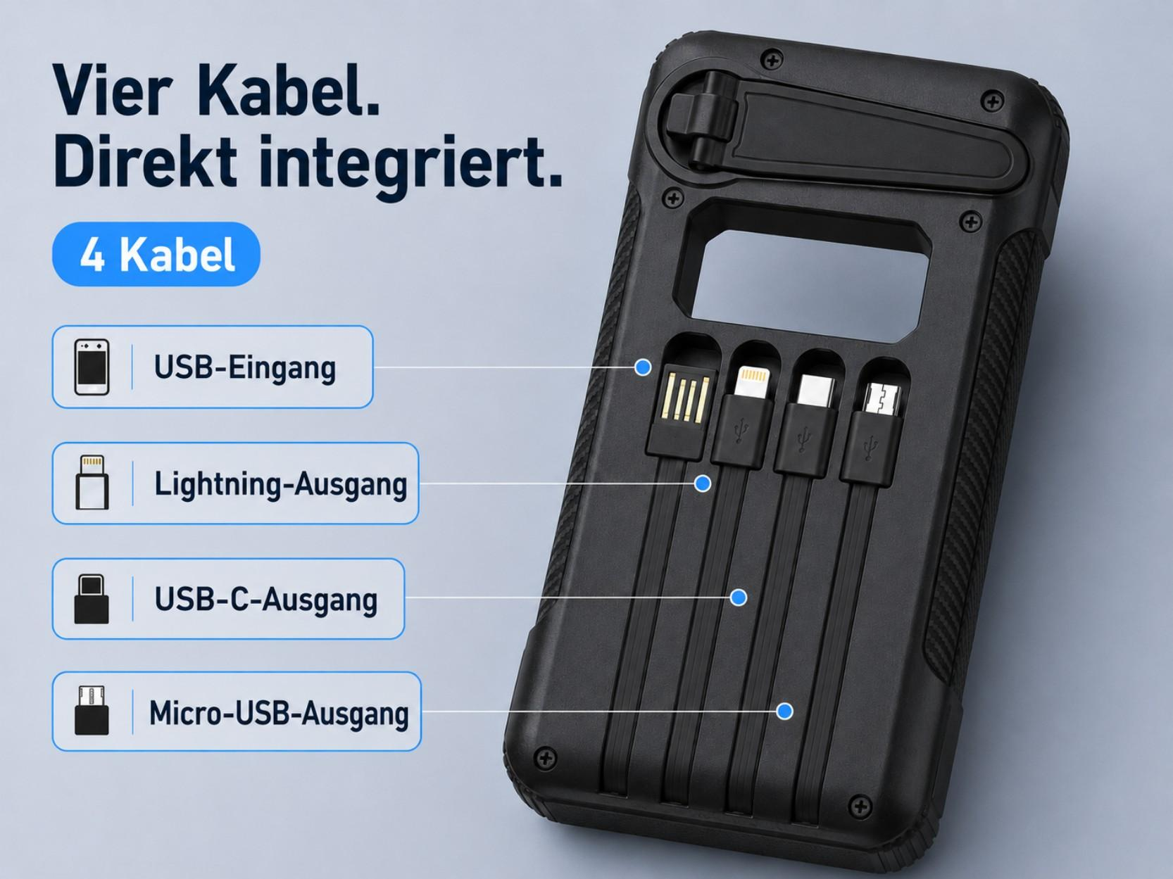 Schwarze Powerbank mit integrierten USB, Lightning, USB-C und Micro-USB Kabeln und deutscher Beschriftung.