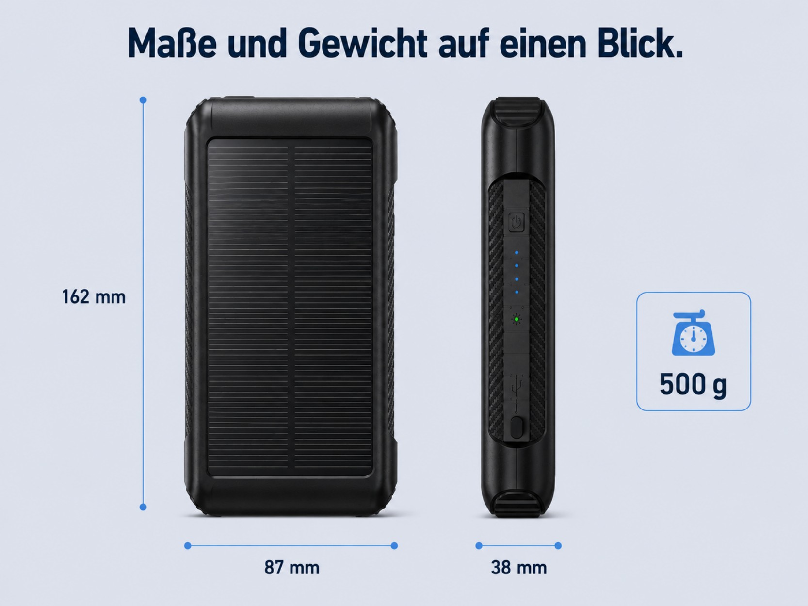 Diagramm zeigt Maße (162x87x38 mm) und Gewicht (500 g) einer schwarzen Powerbank.