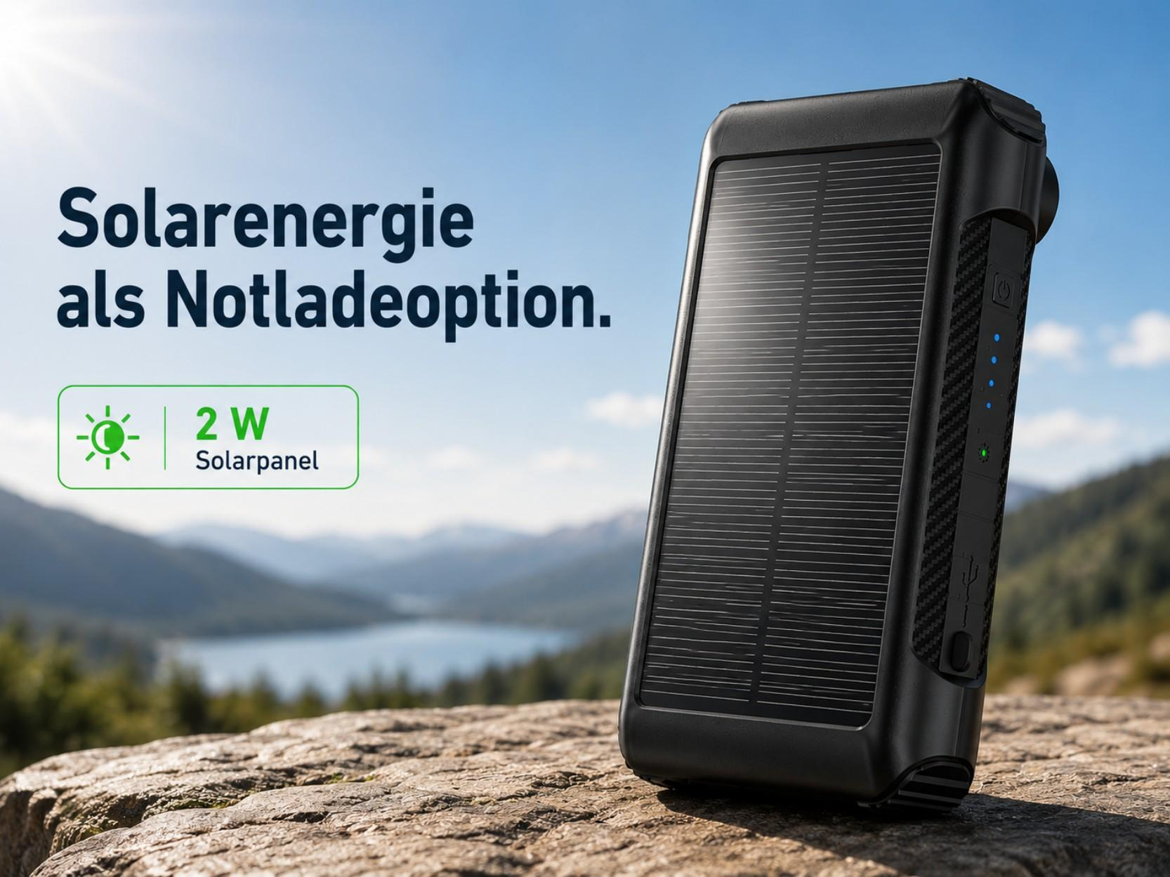 Eine schwarze Solar-Powerbank liegt auf einem Felsen vor Berg- und See-Hintergrund mit deutschem Text links.