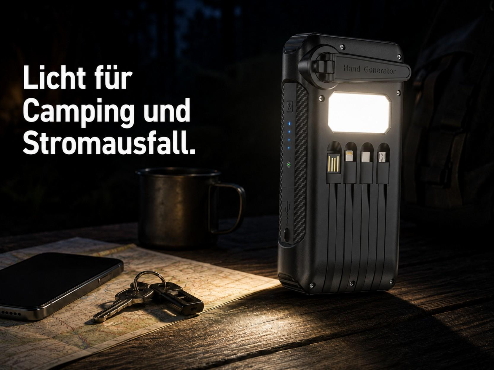 Ein tragbarer Handgenerator mit integrierter Lampe und mehreren Ladekabeln steht auf einem Holztisch.