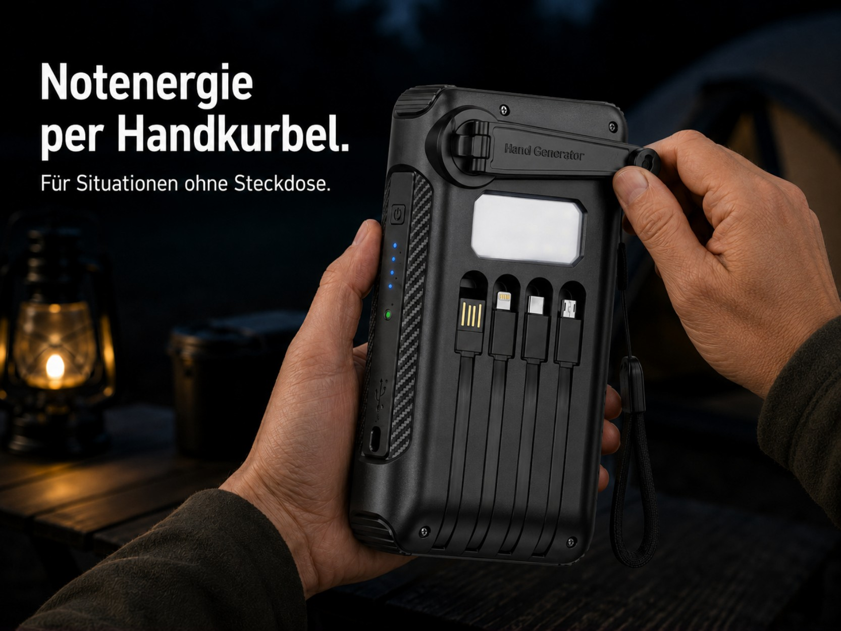 Eine Hand bedient die Kurbel einer schwarzen Powerbank mit mehreren integrierten Ladekabeln.