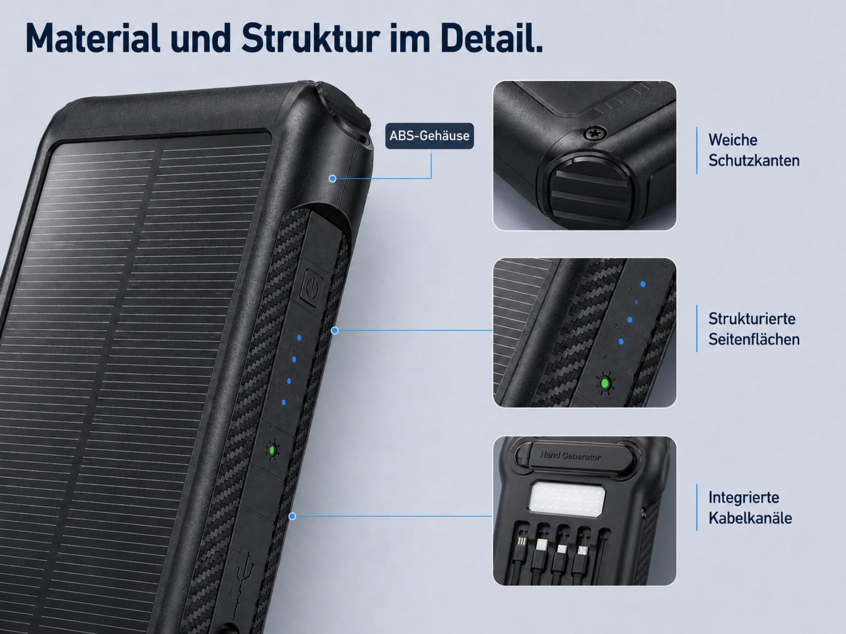 Solar-Powerbank mit ABS-Gehäuse, Schutz kanten, strukturierten Seiten und integrierten Kabelkanälen im Detail.
