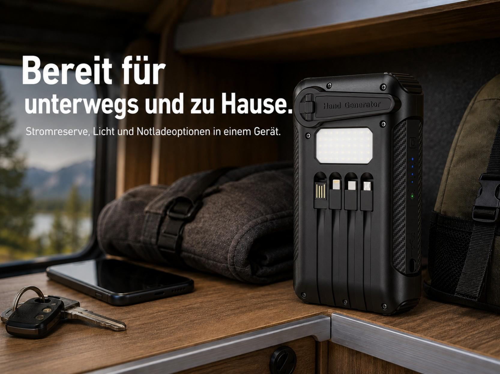 Schwarze Powerbank mit integrierten Kabeln und LED-Licht auf einer Holztheke in einem Wohnmobil.
