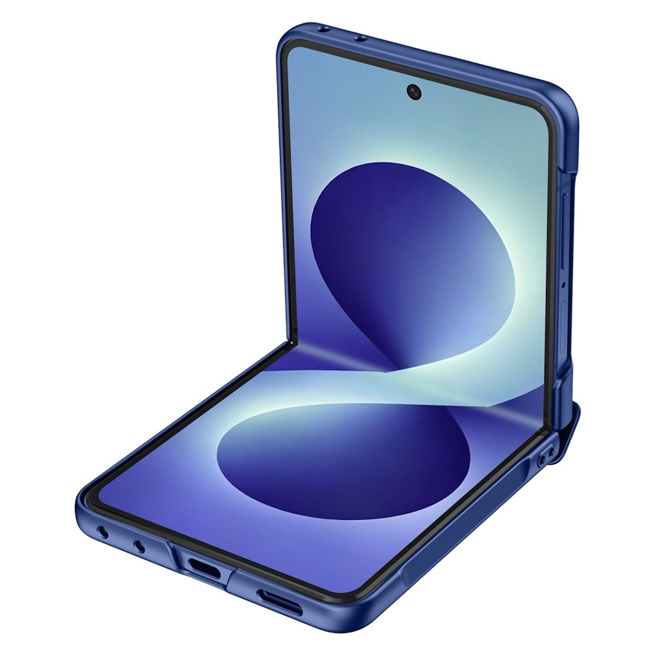 Ein blaues Foldable-Smartphone mit einem biegsamen Display und einem blauen Hintergrundbild auf weißem Grund.