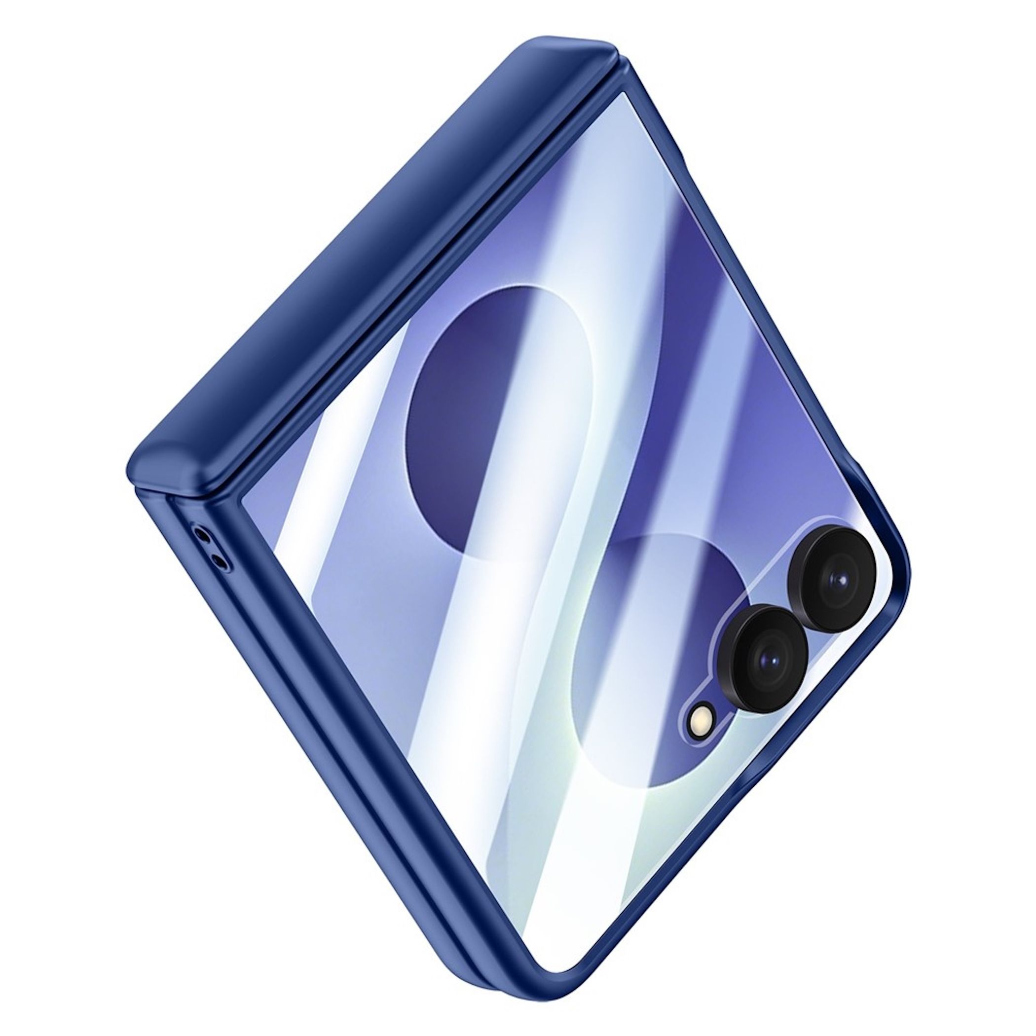 Ein blaues faltbares Smartphone mit zwei Kamerallinsen auf der Rückseite.