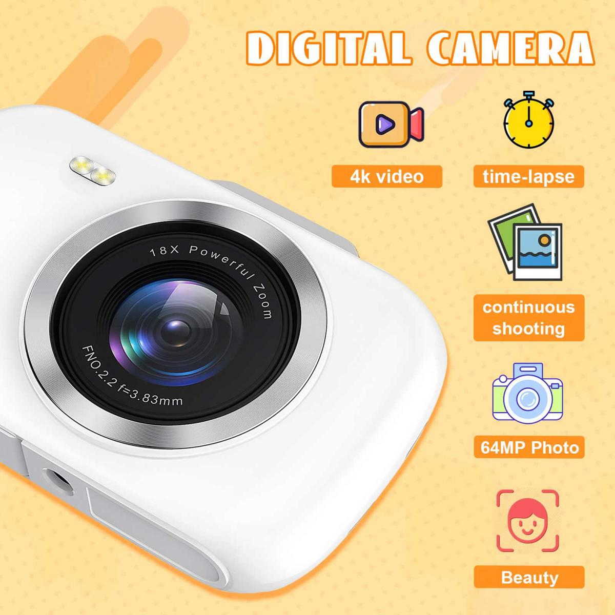 Weiße Digitalkamera mit großem Objektiv, Text und Icons für Videofunktionen auf gelbem Hintergrund.