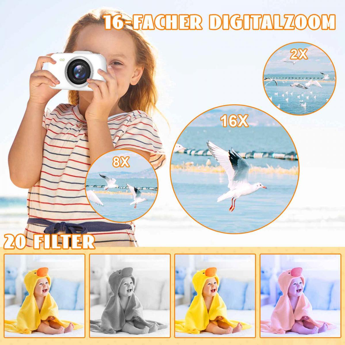 Ein Kind hält eine weiße Digitalkamera, mit Zoom-Vergleichsbildern und Filteroptionen.
