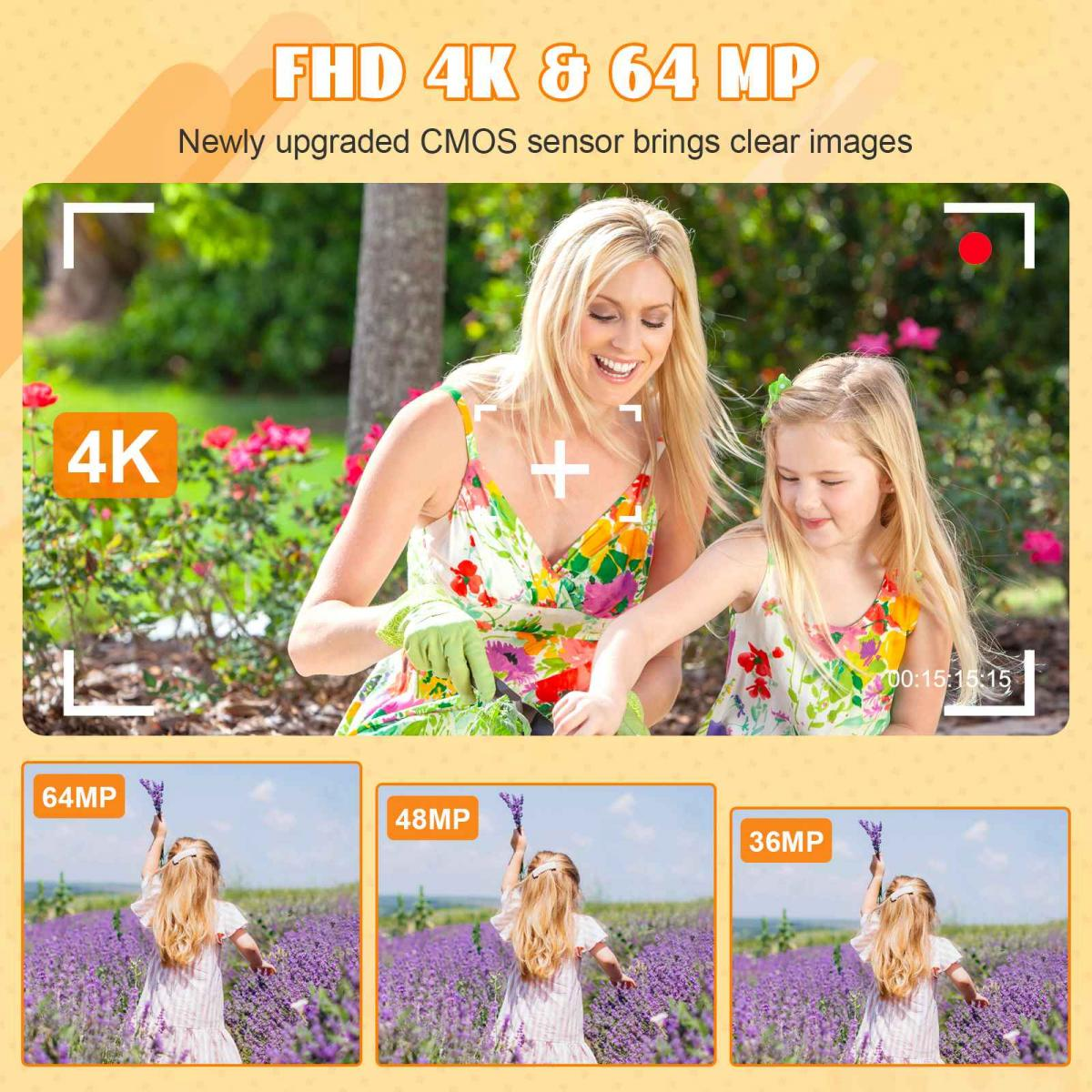 Eine Mutter und Tochter beim Gärtnern, mit Kamera-Overlay-Symbolen für FHD, 4K und 64 MP Auflösungsvergleiche.
