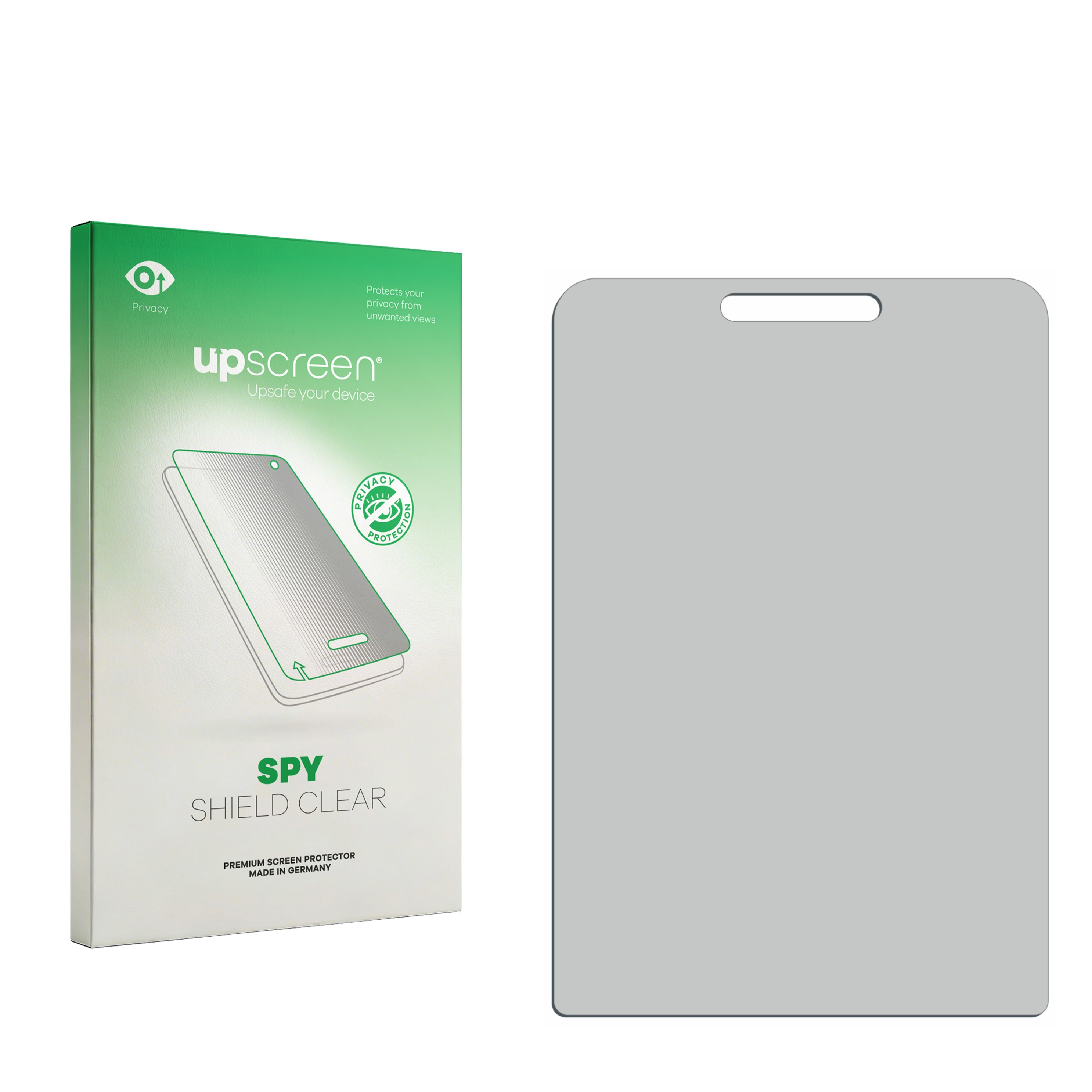 Eine upscreen Spy Shield Clear Verpackung steht neben einem grauen, rechteckigen Gerät mit Griffaussparung.