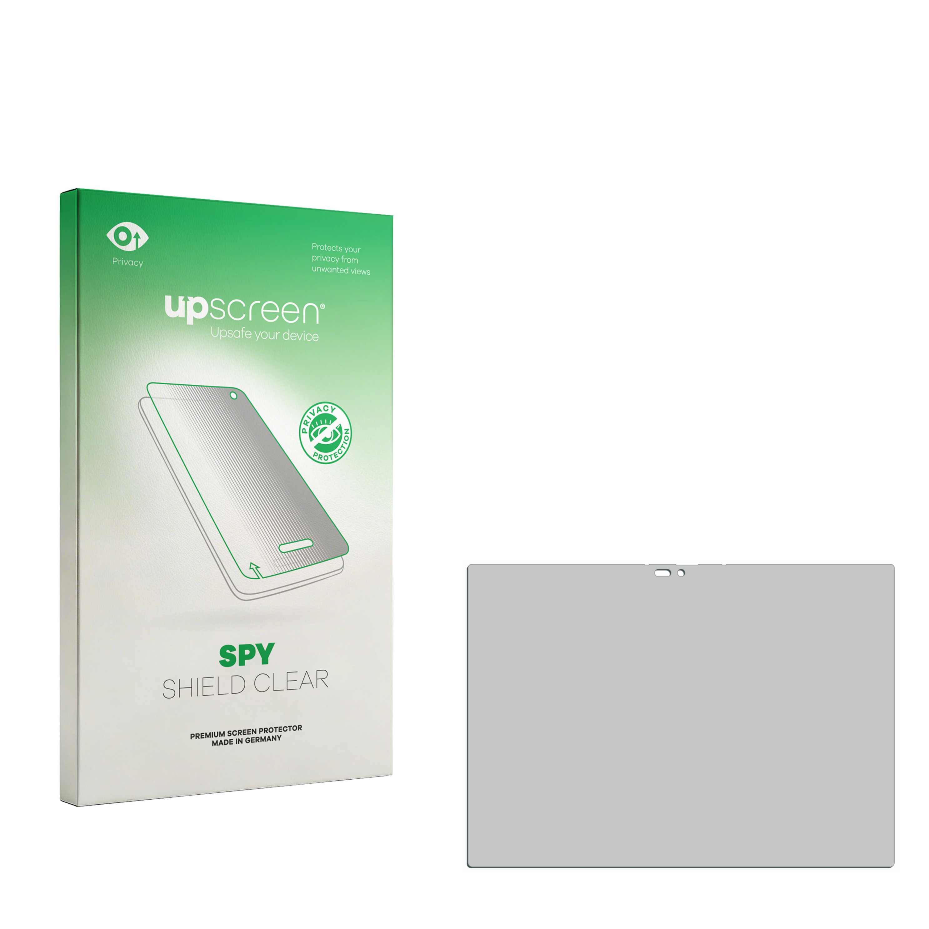 Grüne upscreen Spy Shield Clear Verpackung mit einem Tablet-Bildschirmschutz daneben auf weißem Hintergrund.