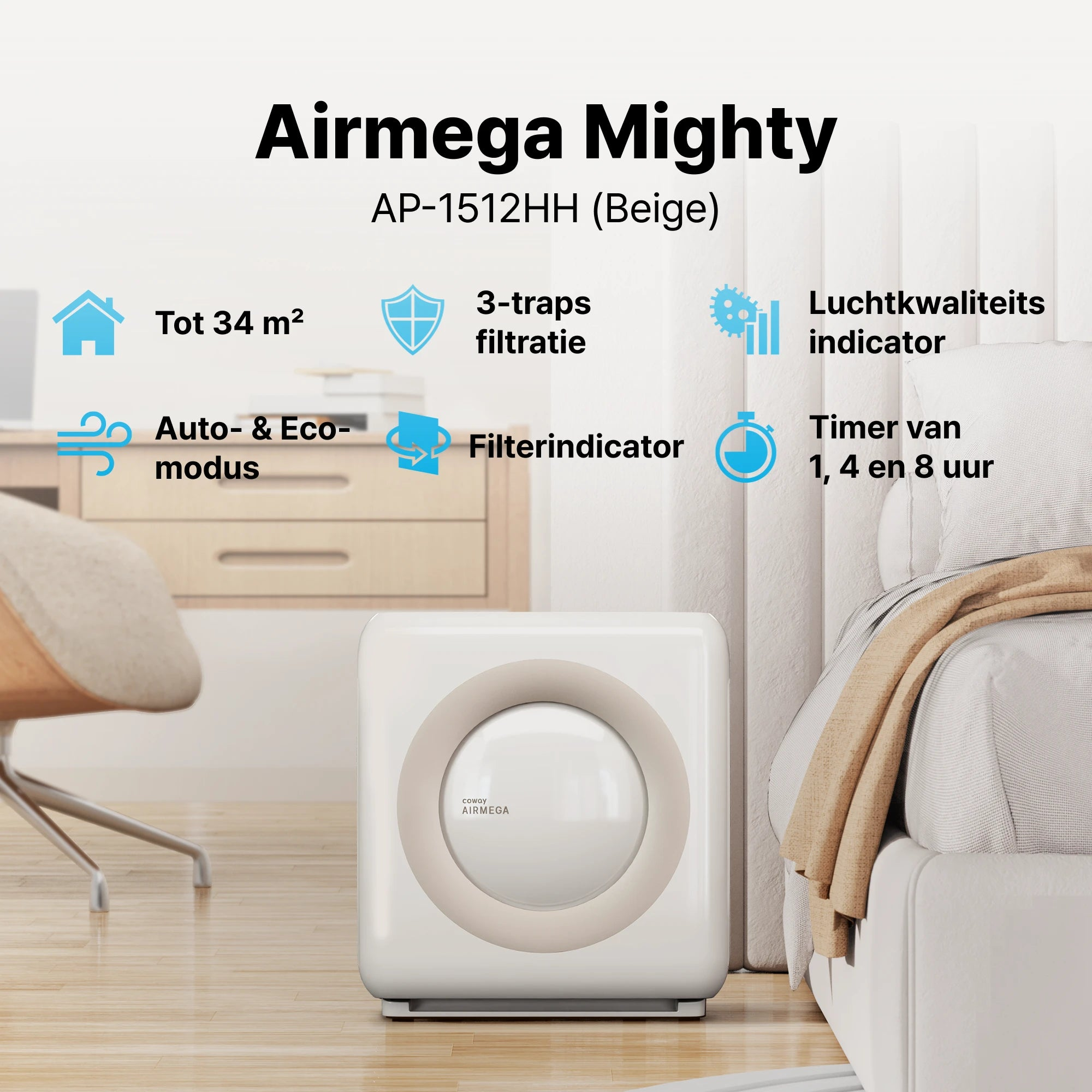Produktgrafik des beigen Airmega Mighty Luftreinigers mit Infografik-Symbolen.