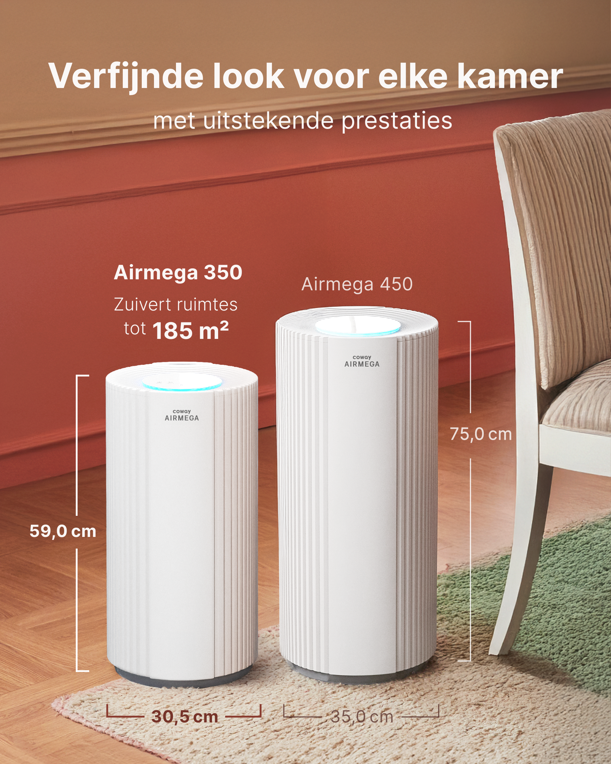 Zwei weiße Coway Airmega Luftreiniger stehen auf einem Teppich mit Maßangaben und niederländischem Text im Hintergrund.