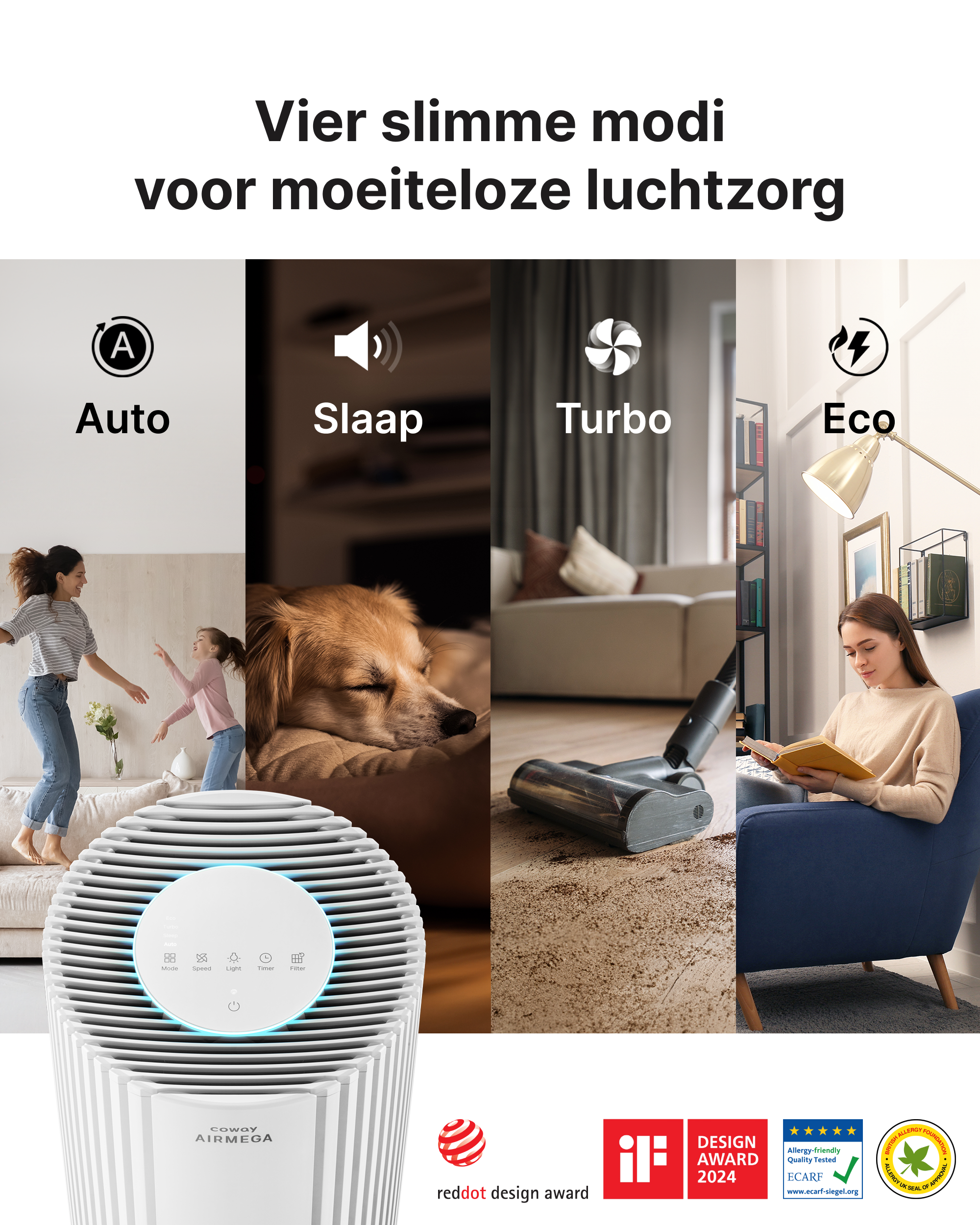 Ein weißer Coway Airmega Luftreiniger mit vier Modi: Auto, Slaap, Turbo und Eco.