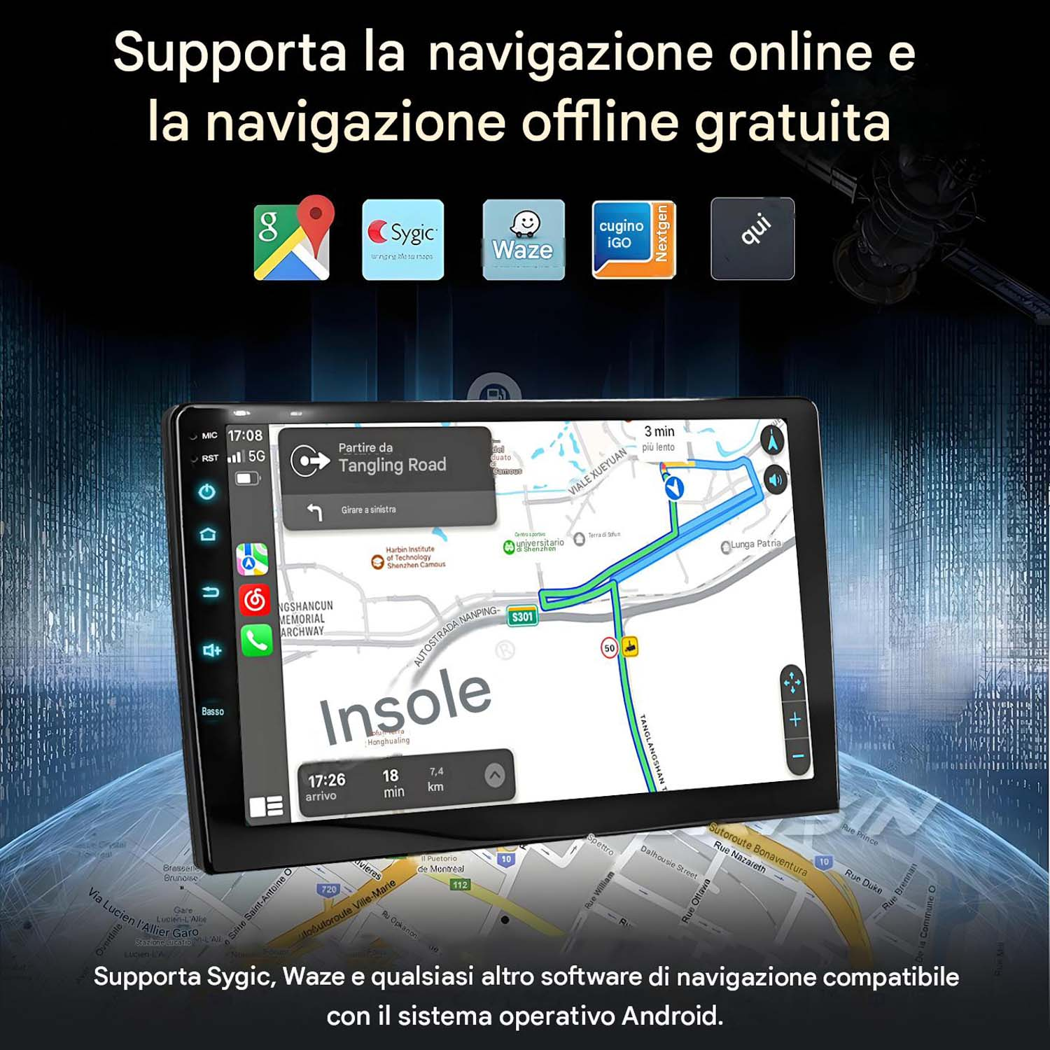 Un display per auto mostra una mappa di navigazione con icone di app in alto.