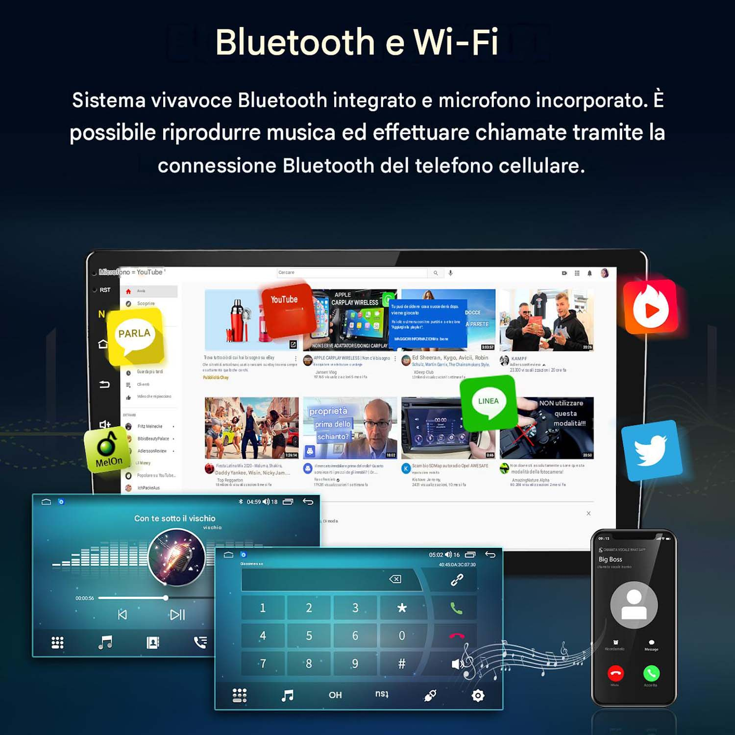 Gli schermi di tablet e smartphone mostrano opzioni di connettività Bluetooth e Wi-Fi con app multimediali.