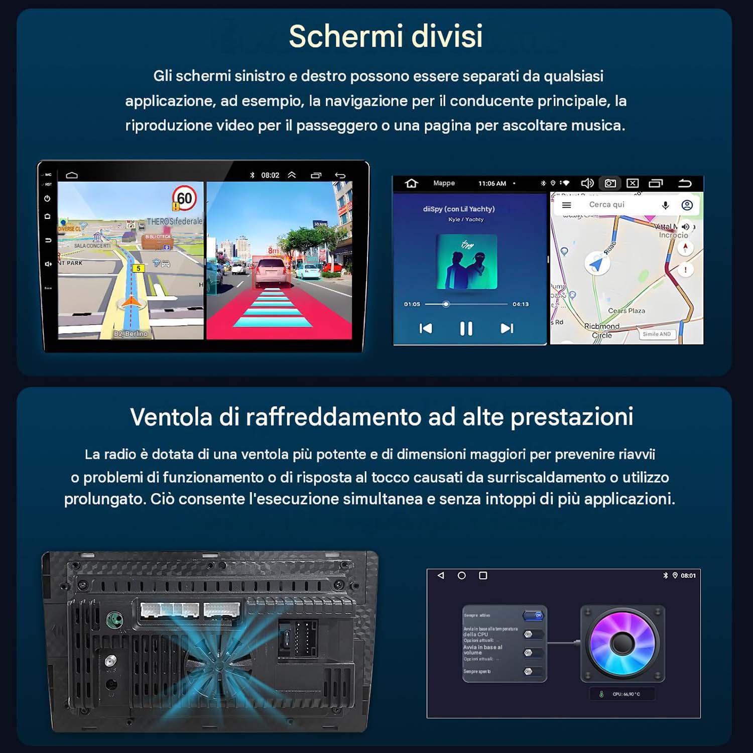 Schermo diviso e ventola di raffreddamento di un autoradio multimediale.