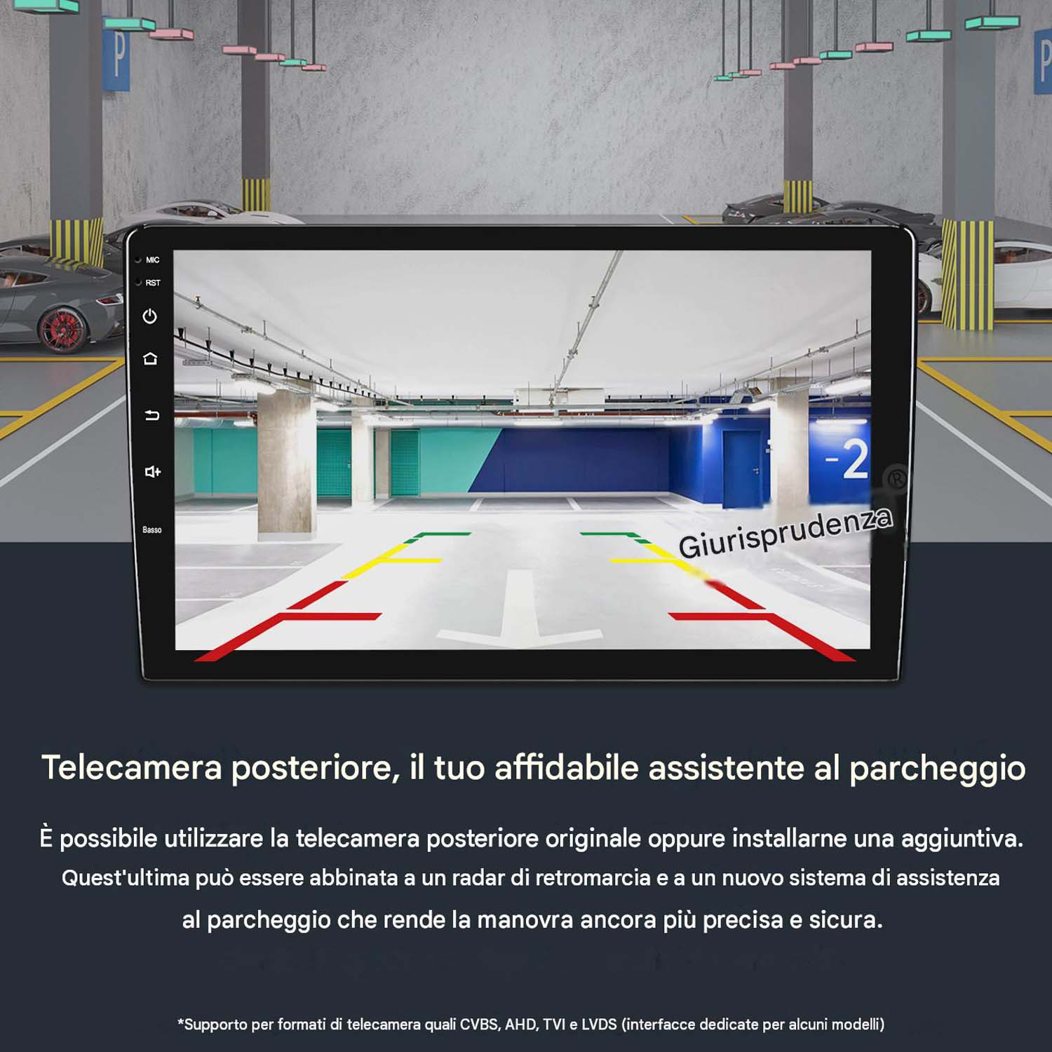 Display auto mostra la telecamera posteriore in un parcheggio con linee guida.