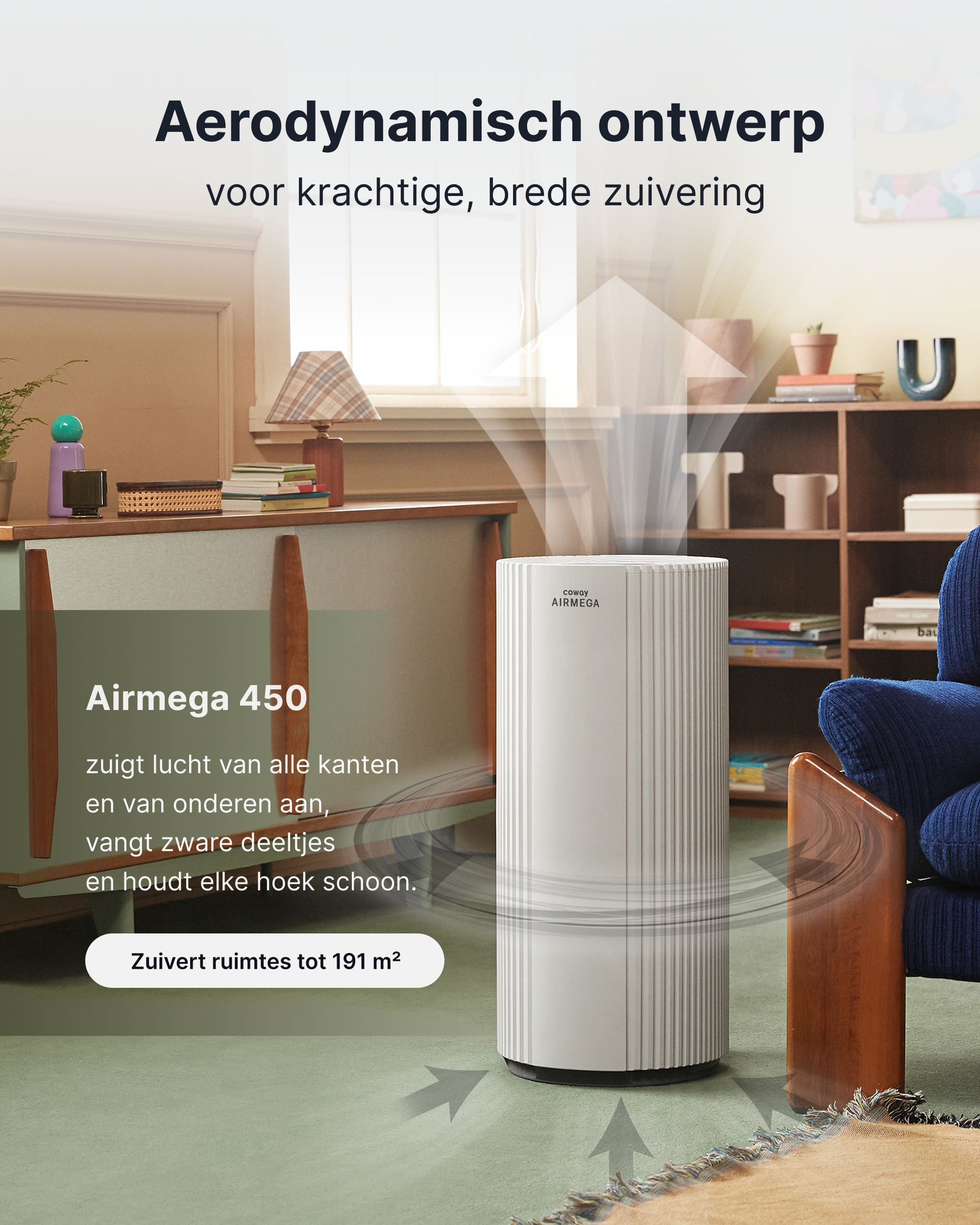 Ein weißer Coway Airmega Luftreiniger steht in einem gemütlichen Wohnzimmer mit Text und Pfeilen.