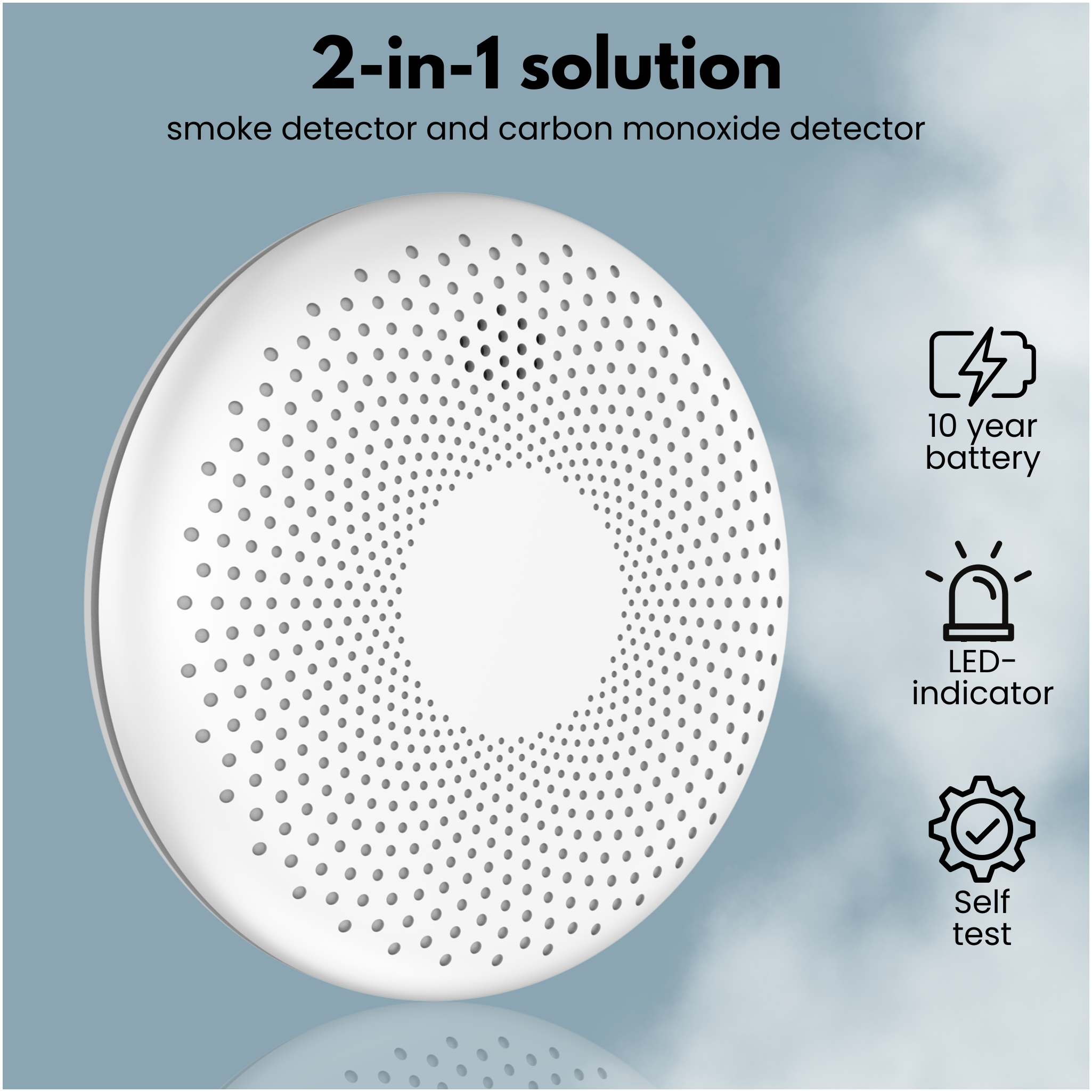 Rilevatore di fumo e monossido con batteria a 10 anni, indicatore LED e test automatico su sfondo chiaro.