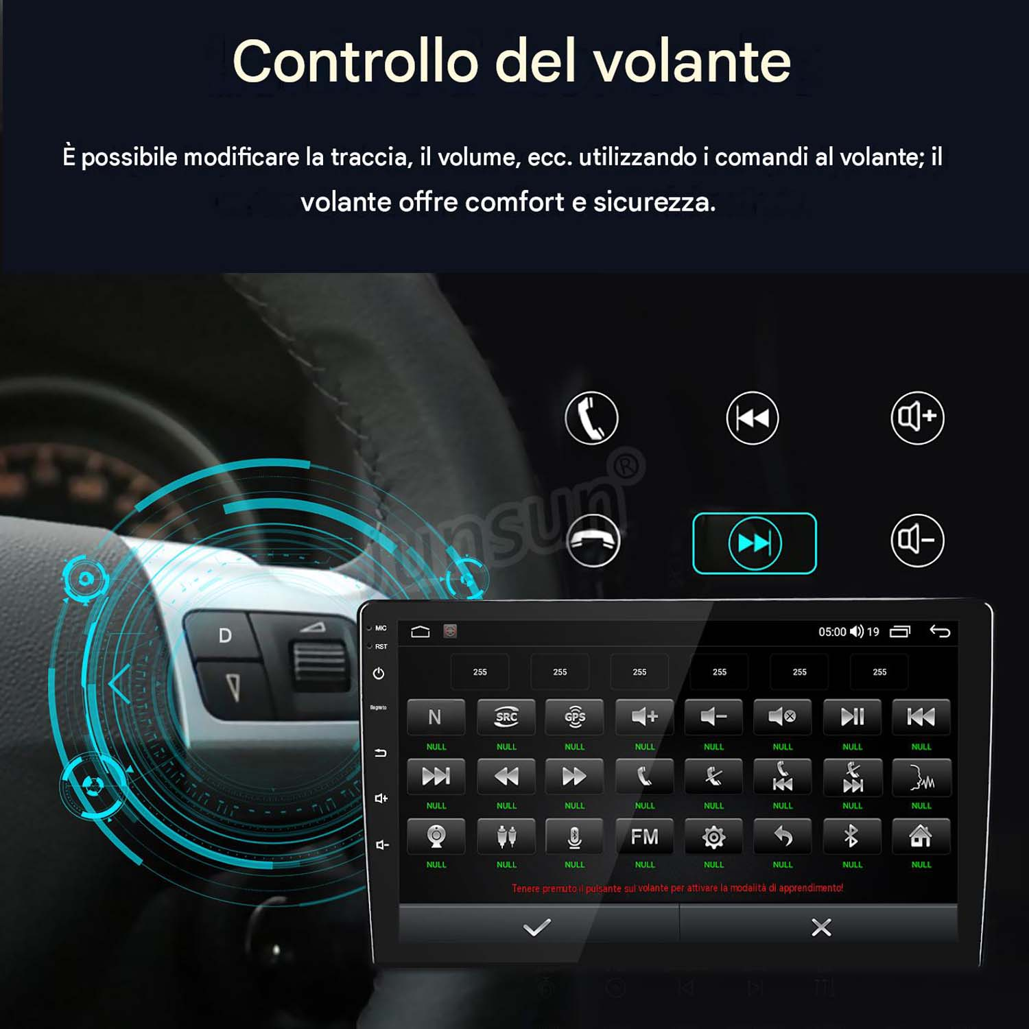 Controllo del volante con display touchscreen che mostra le impostazioni dei pulsanti.