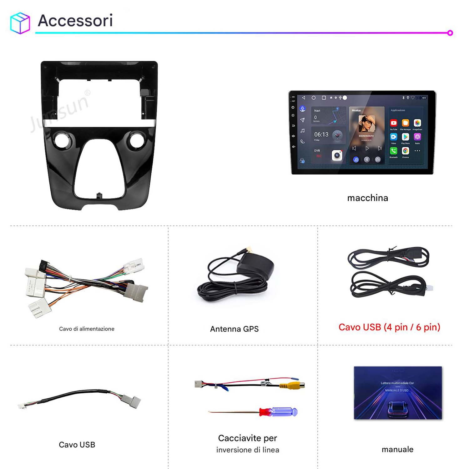 Accessori auto tra cui cornice, display, antenna GPS, cavi e manuale.