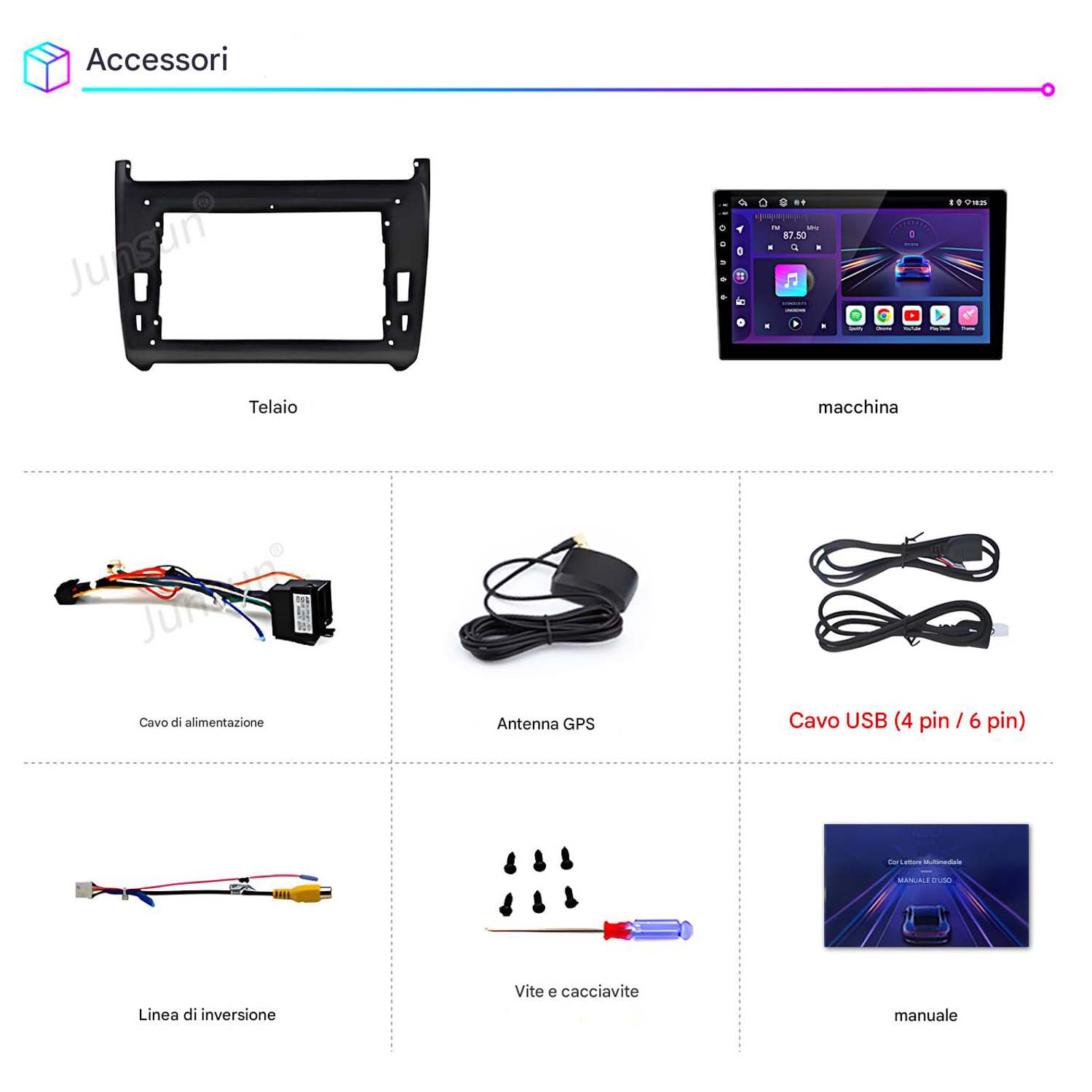 Un set di accessori per autoradio con cornice, schermo, cavi, antenna GPS, cavi USB, viti e manuale.