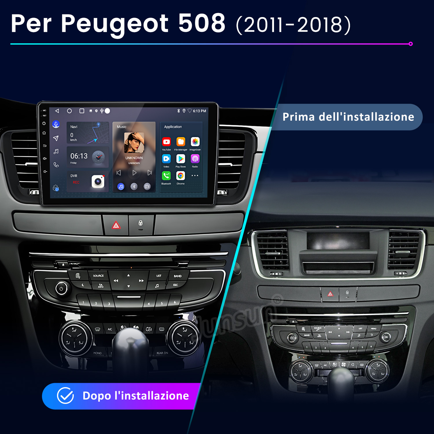 Confronto del cruscotto della Peugeot 508 prima e dopo l'installazione di un touchscreen multimediale.