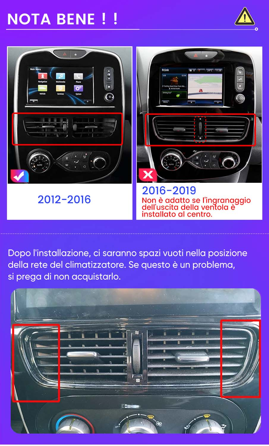 Confronto delle bocchette dell'aria dell'auto per i modelli 2012-2016 e 2016-2019.