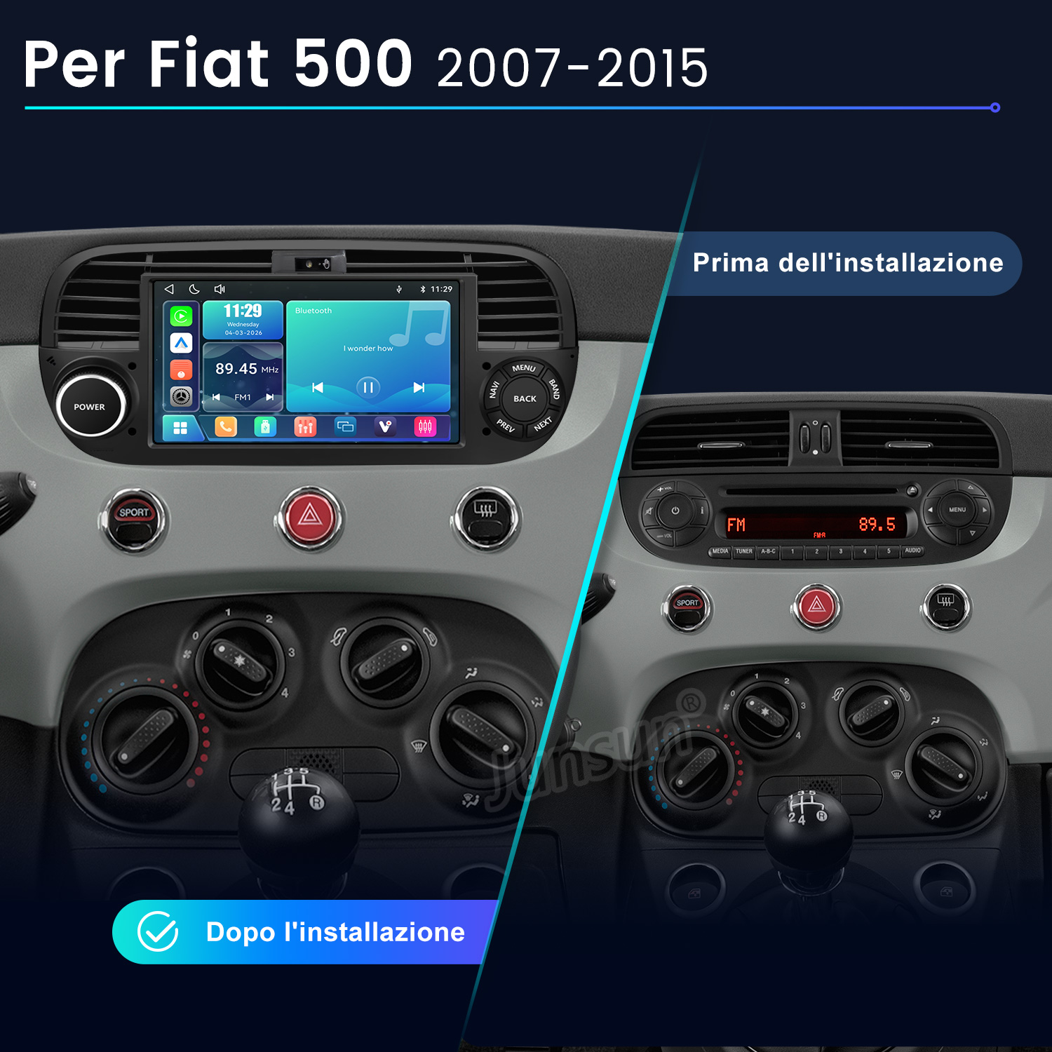 Confronto della console Fiat 500 prima e dopo l'installazione di una moderna radio touch.