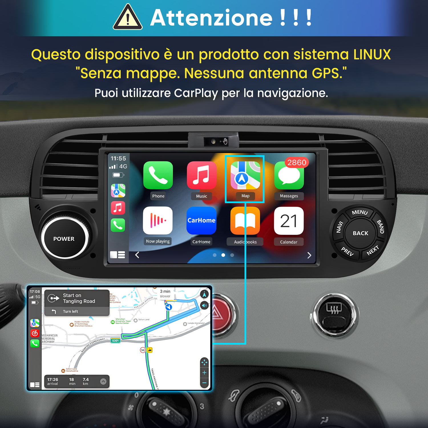 Autoradio con schermo CarPlay che mostra una mappa GPS. Testo in alto avverte che il sistema Linux non ha mappe.
