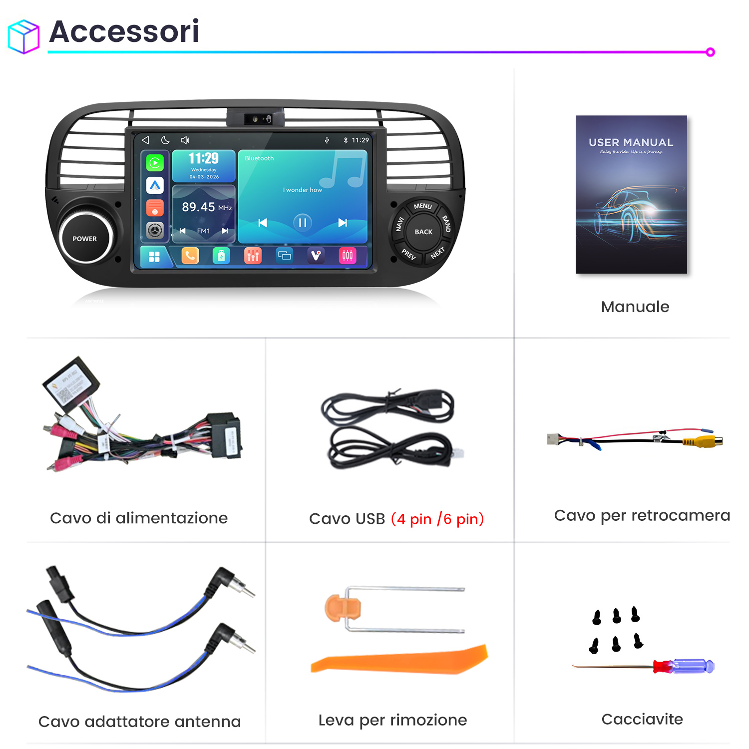 Accessori per sistema multimediale auto con schermo, manuale, cavi e strumenti su sfondo bianco.
