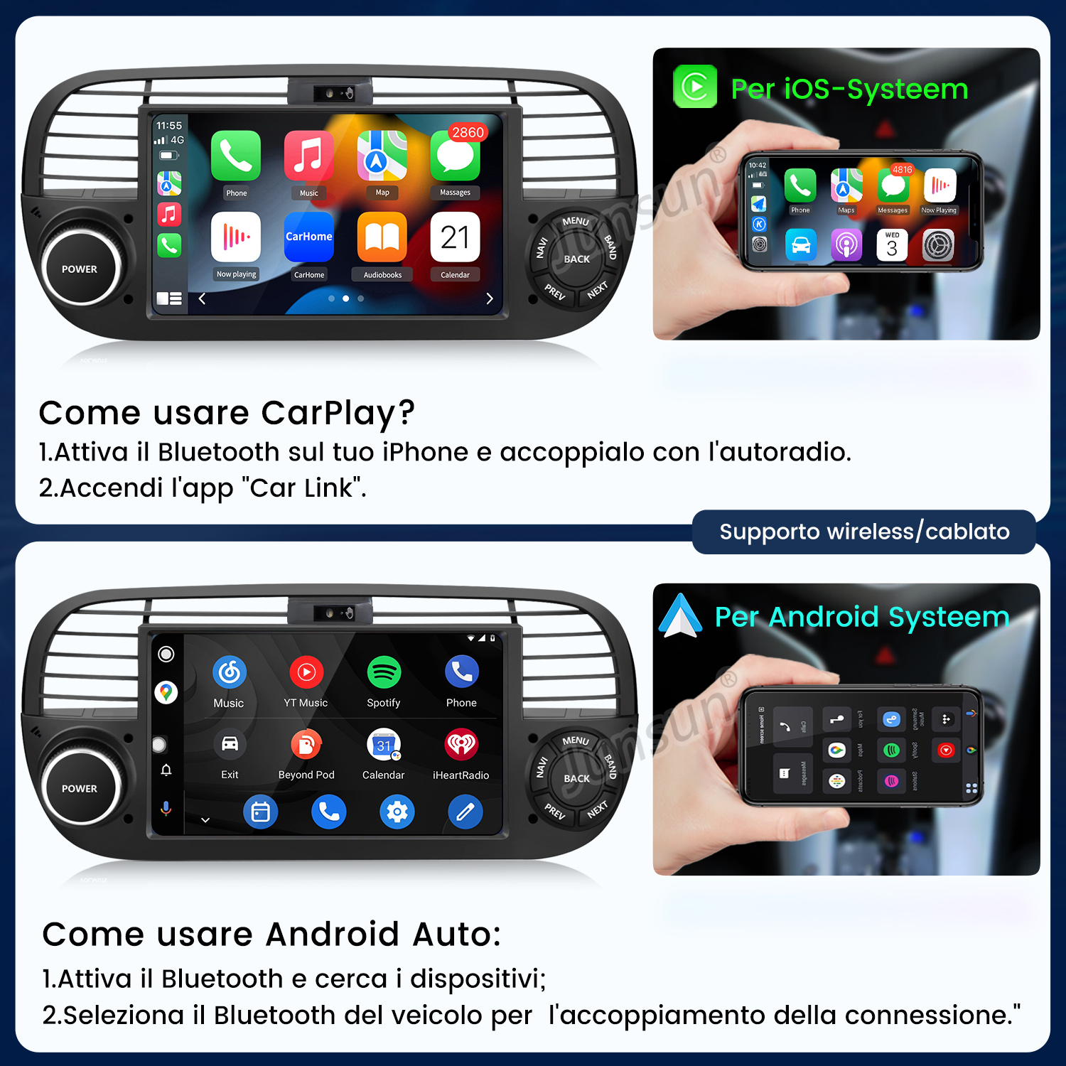 Autoradio con istruzioni per la configurazione di CarPlay e Android Auto.