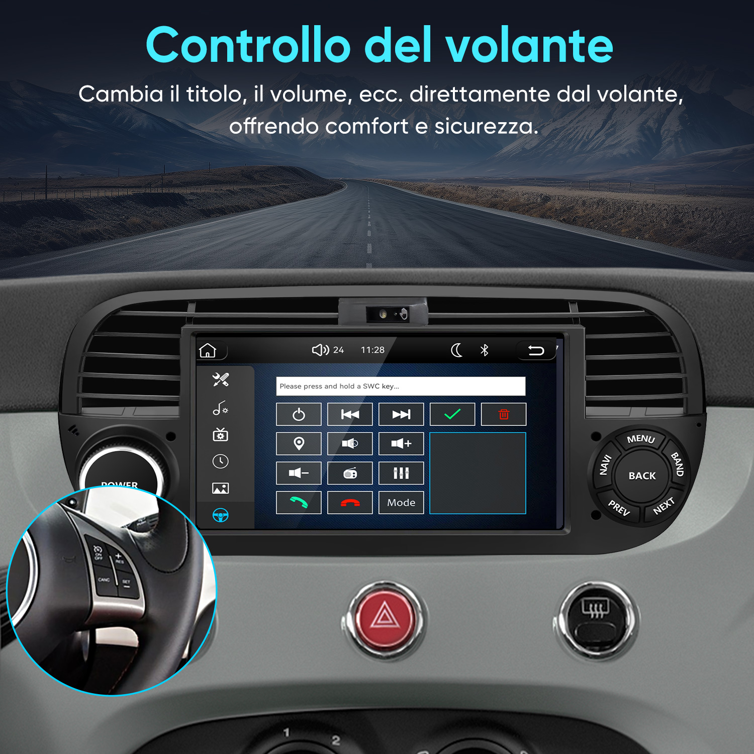Interni auto con sistema di infotainment touchscreen e comandi al volante davanti a una strada.