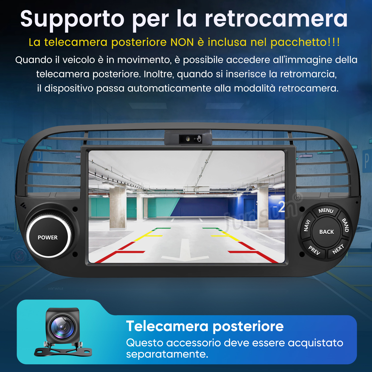 Autoradio con schermo che mostra la vista della telecamera di retromarcia in un parcheggio.