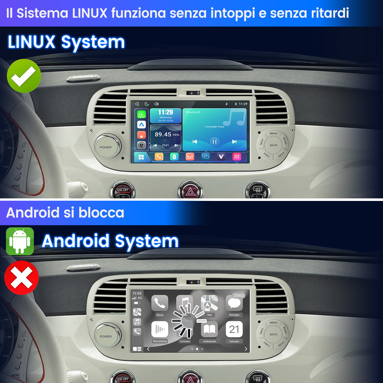 Confronto tra sistemi di infotainment: Linux funziona fluidamente, Android si blocca.