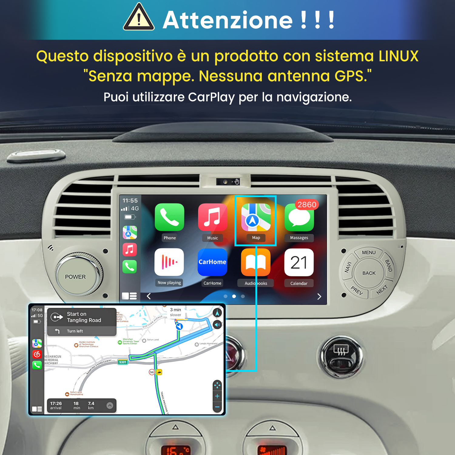 Cruscotto auto con touchscreen e Apple CarPlay, sovrapposto a testo di avvertenza in italiano e riquadro di mappa.