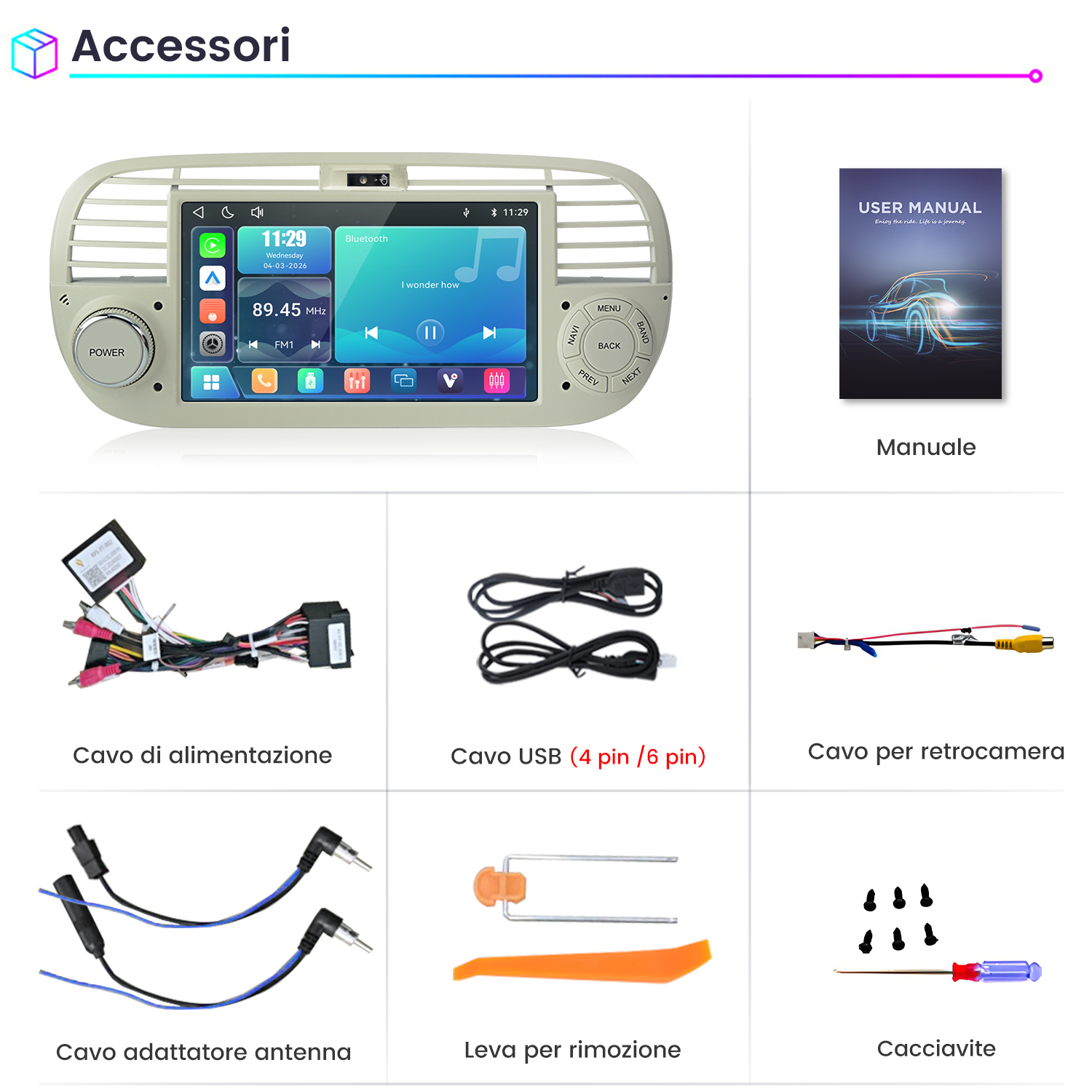 Accessori per autoradio con schermo touchscreen, cavi, adattatore antenna, strumenti e manuale.