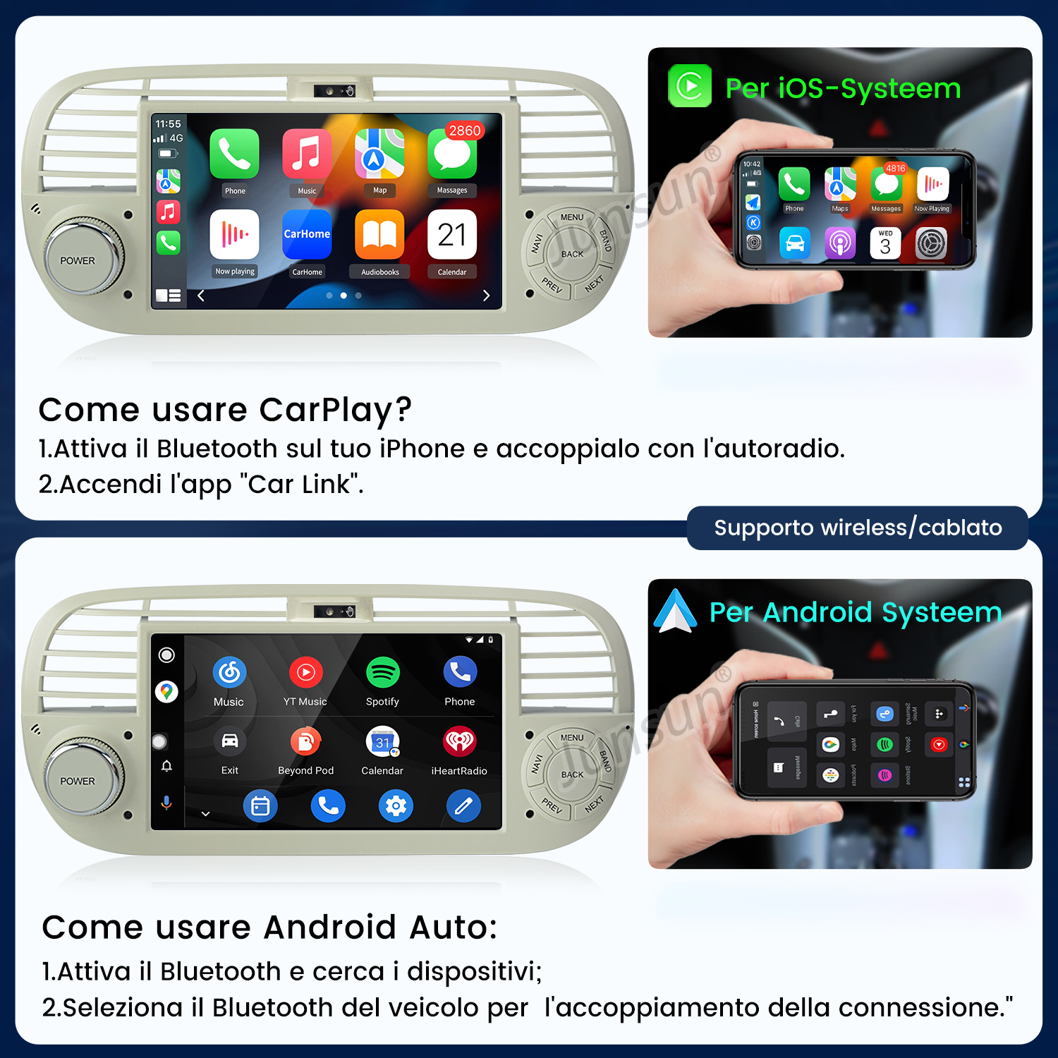 Guida autoradio che mostra i passaggi di configurazione CarPlay e Android Auto con telefono e display.