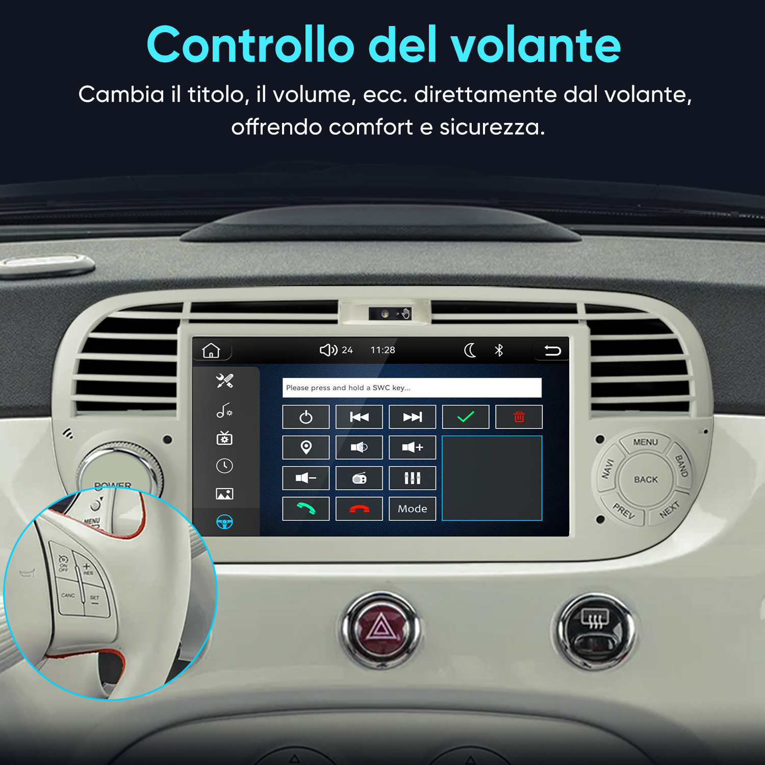 Interni auto con sistema di infotainment touchscreen e comandi al volante.