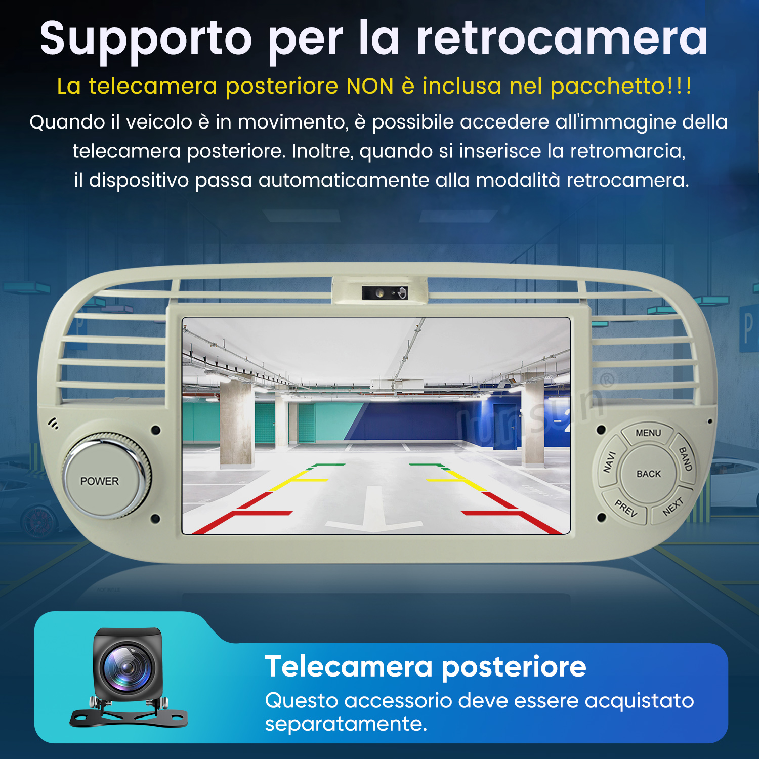 Autoradio beige con display che mostra un parcheggio con linee guida e testo in italiano.