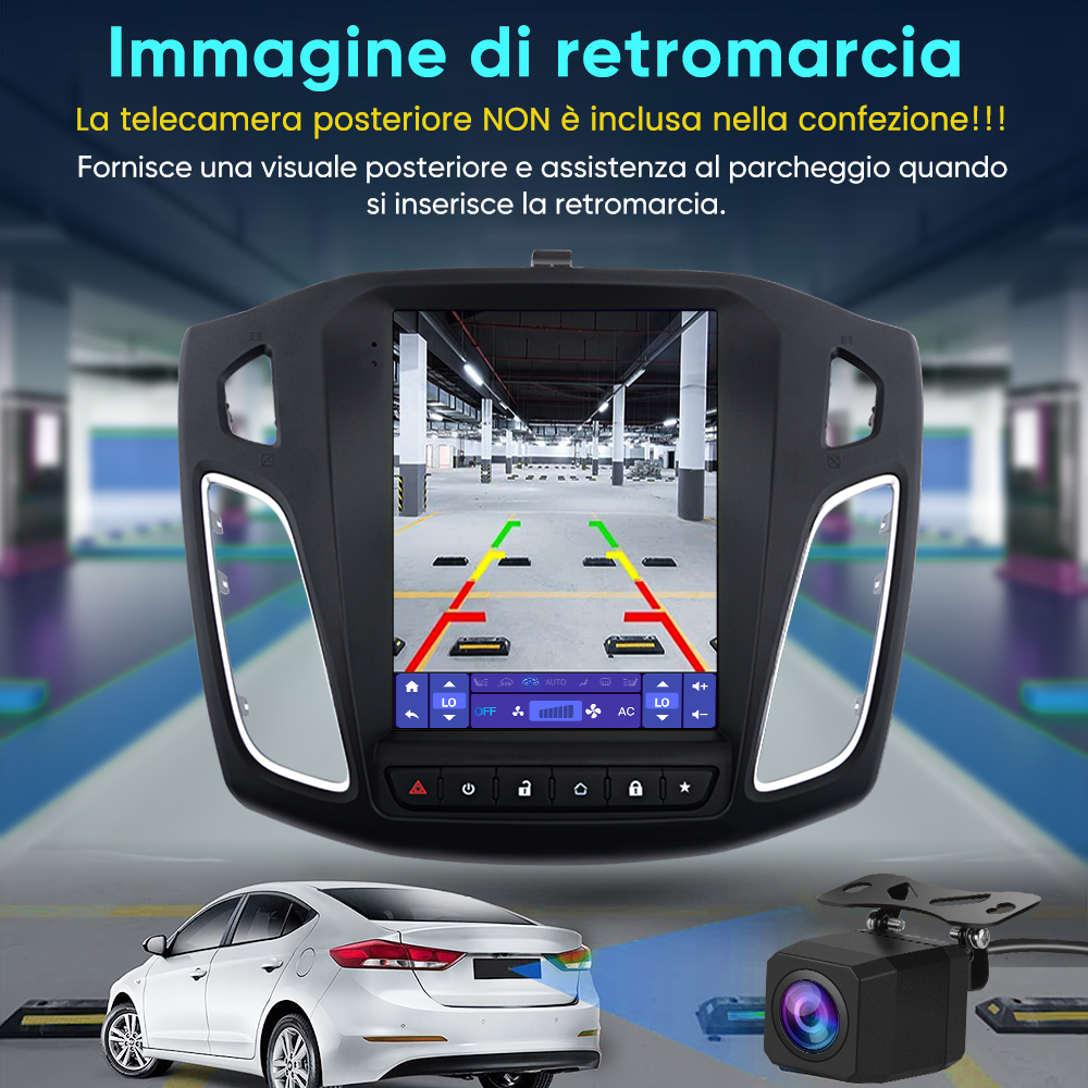 Un display per auto mostra la retrocamera, con un'auto bianca e una telecamera separata.