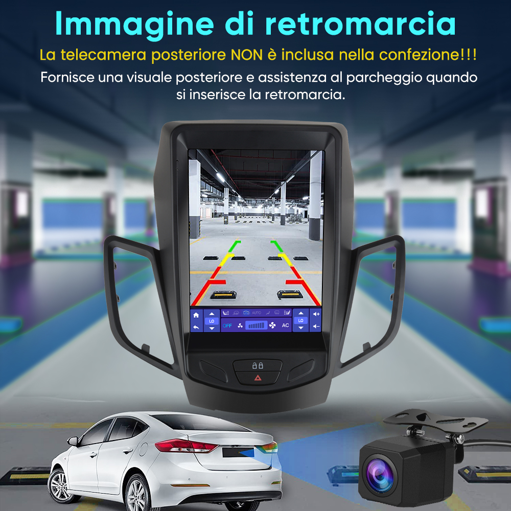 Un display multimediale auto mostra la telecamera di retromarcia in un garage, con auto e telecamera in basso.