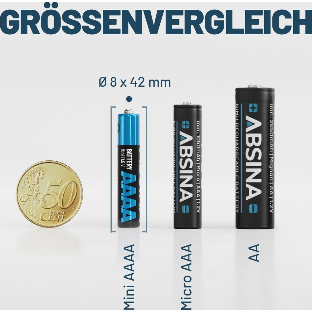 Größenvergleich von Mini AAAA, Micro AAA und AA Batterien neben einer 50-Cent-Münze.
