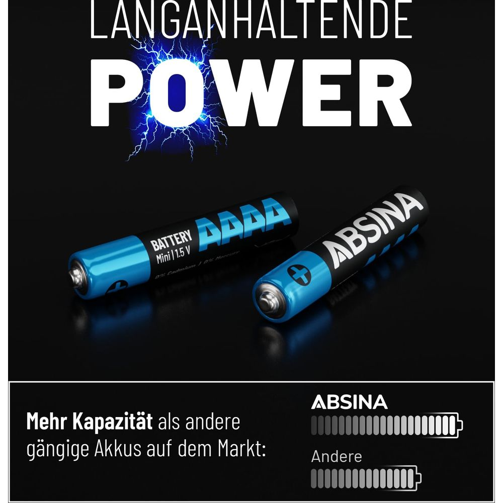 Zwei blaue ABSINA-Batterien vor dunklem Hintergrund mit deutschem Text zu Kapazität und langanhaltender Power.