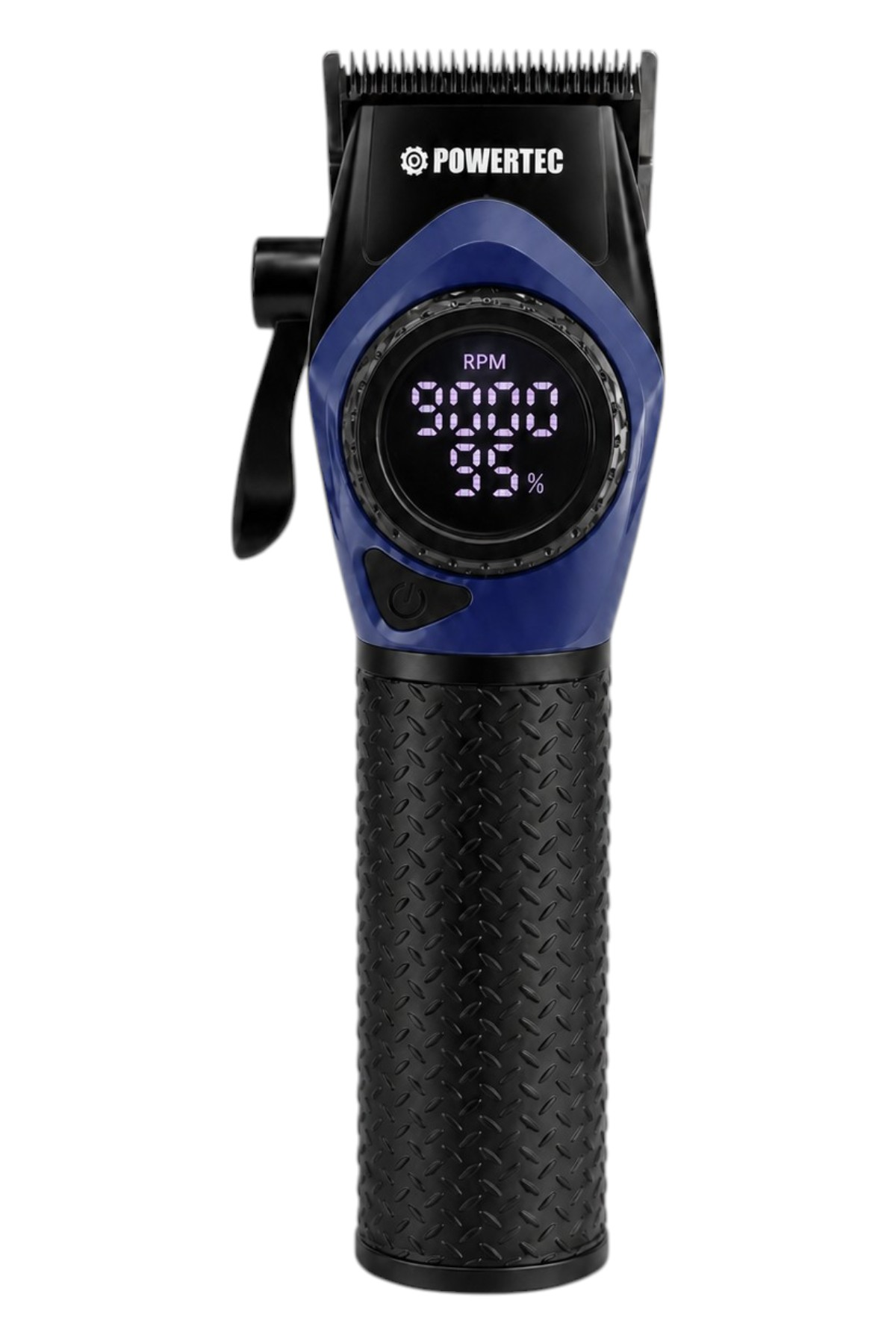 Beyaz arkaplanda dijital LED ekranlı mavi ve siyah renkli Powertec saç kesme makinesi.