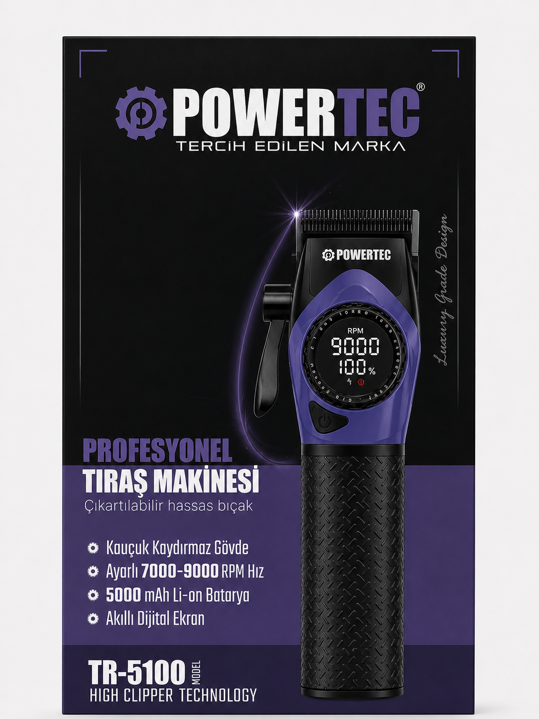 Dijital ekranlı mor ve siyah cihazın yer aldığı Powertec TR-5100 profesyonel saç kesme makinesi kutusu.