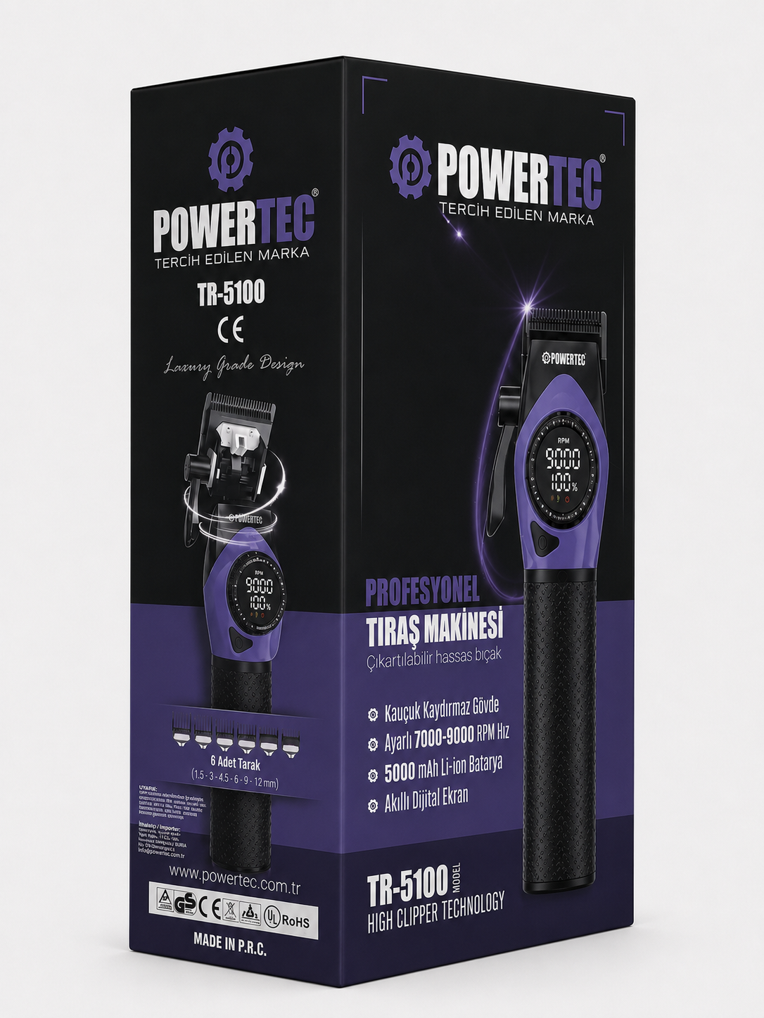 Mor detaylı, dijital ekranlı ve altı taraklı siyah Powertec TR-5100 saç kesme makinesi kutusu.