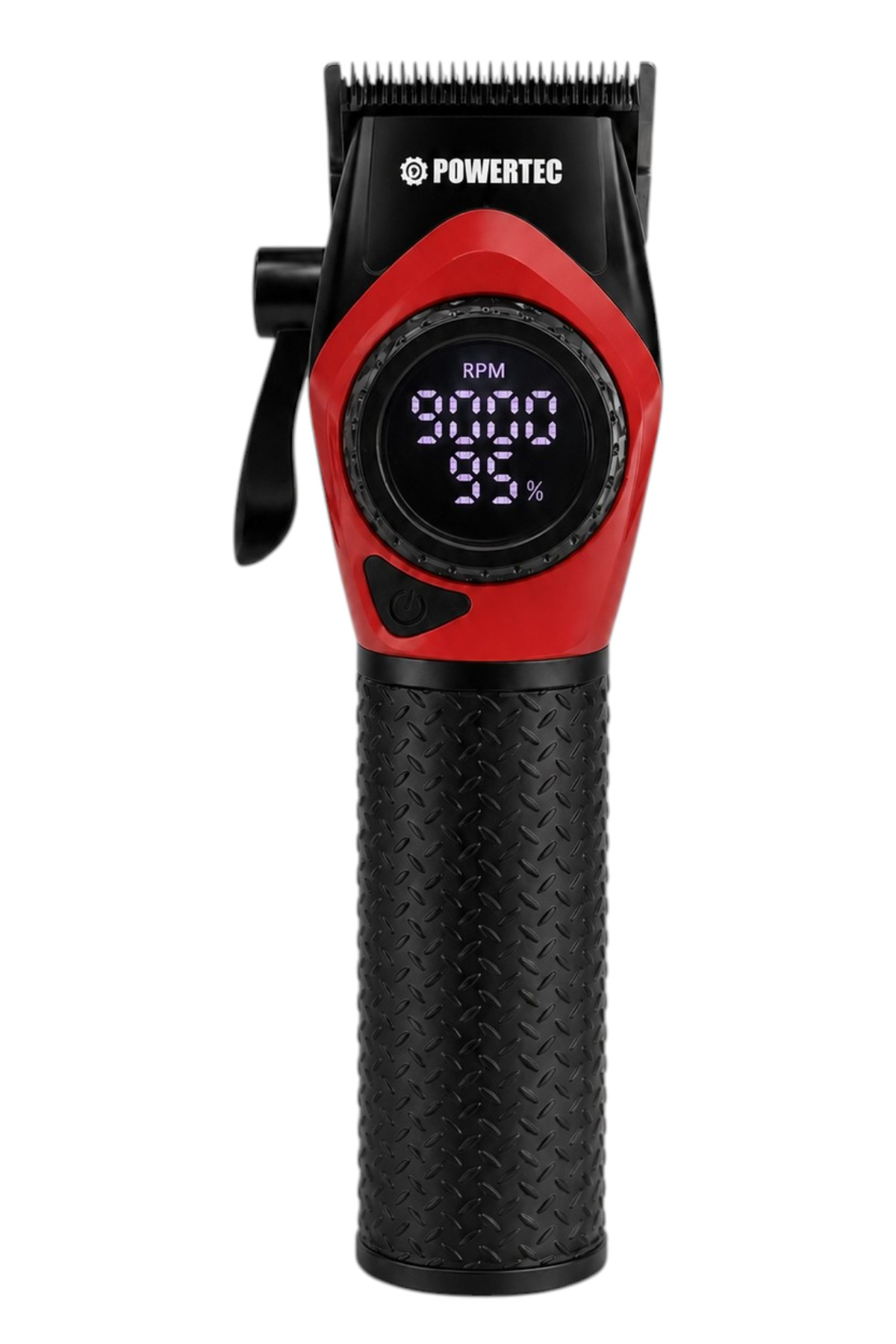 Dijital ekranlı, 9000 RPM ve %95 pil gösteren siyah ve kırmızı Powertec saç kesme makinesi.