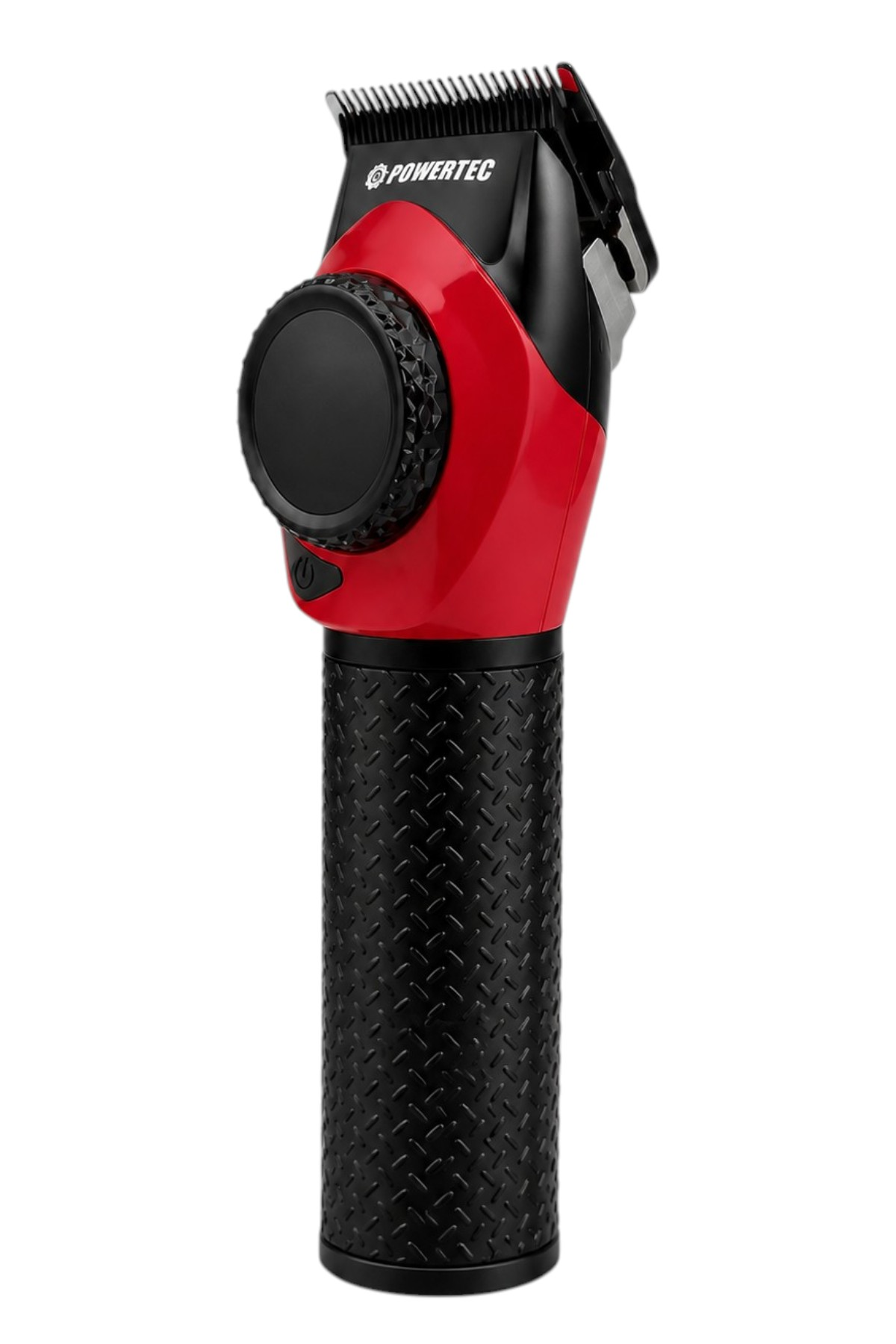 Dokulu sapa ve büyük ayar düğmesine sahip siyah ve kırmızı renkli Powertec saç kesme makinesi.