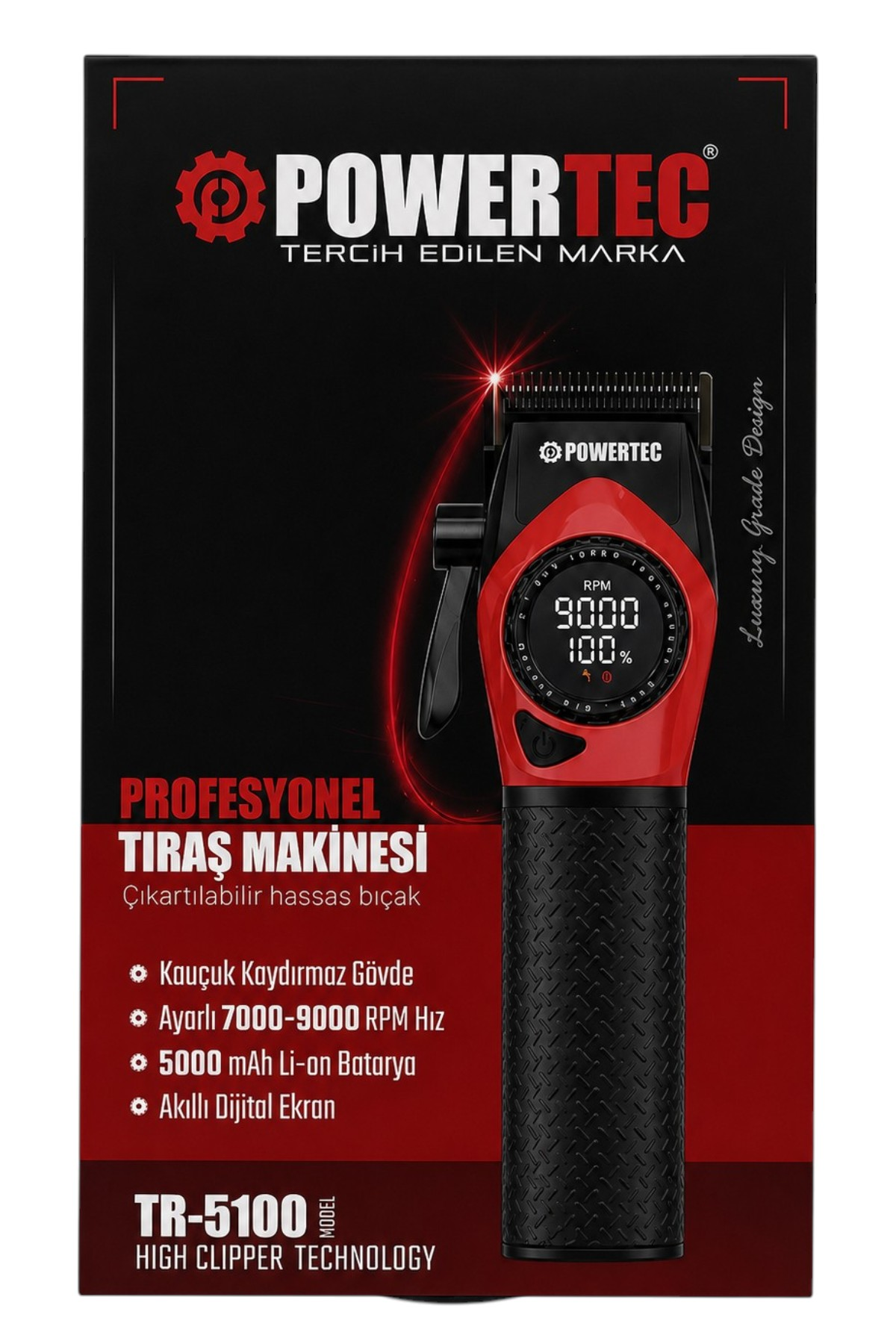 Kırmızı ve siyah renkli, dijital ekranlı Powertec saç kesme makinesinin yazı ve ikonların yer aldığı ambalajı.